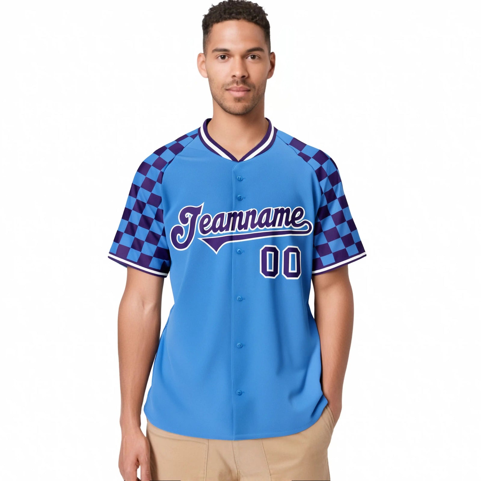 Custom Powder Blue Purple-White Authentic Plaid Sleeve Baseball Jersey