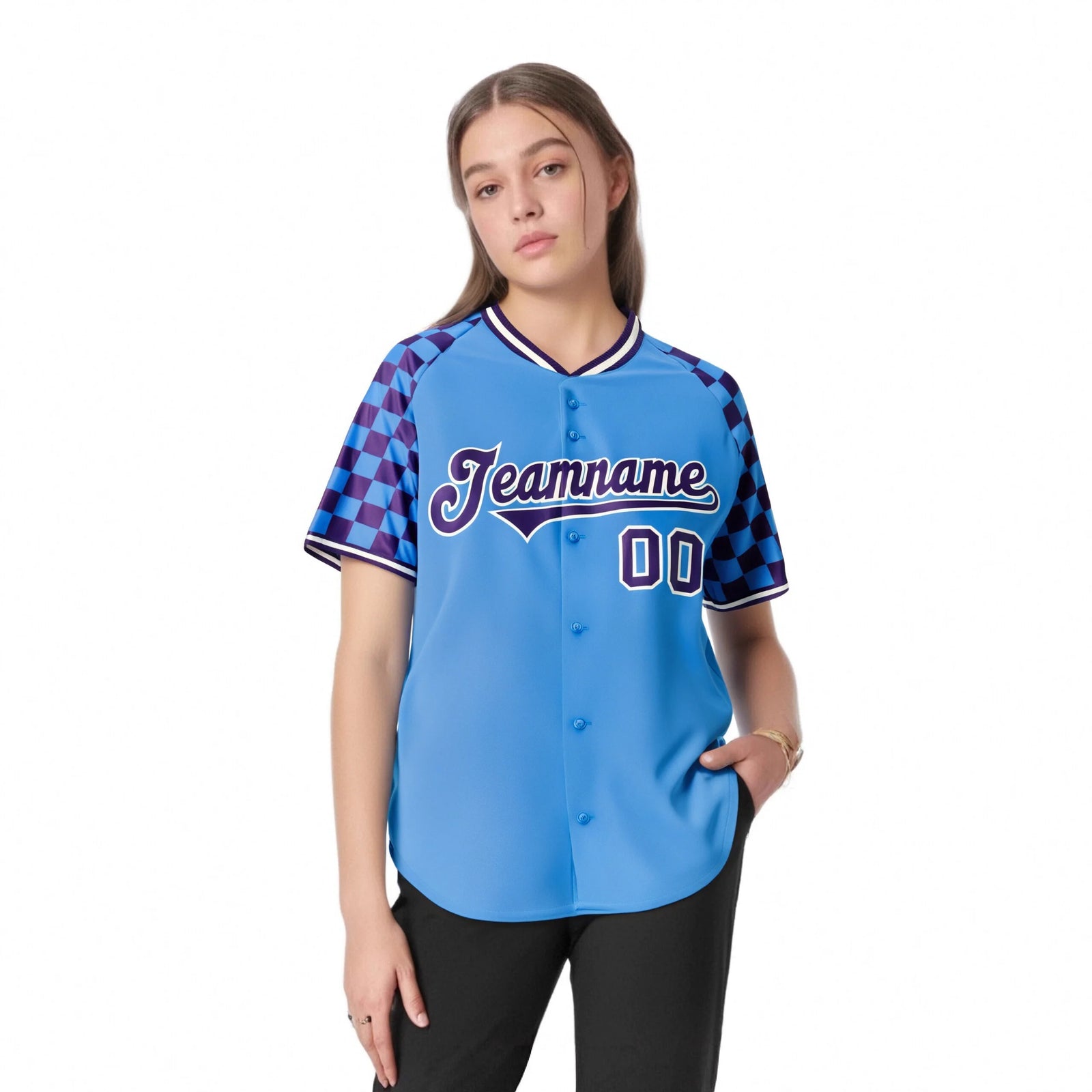Custom Powder Blue Purple-White Authentic Plaid Sleeve Baseball Jersey