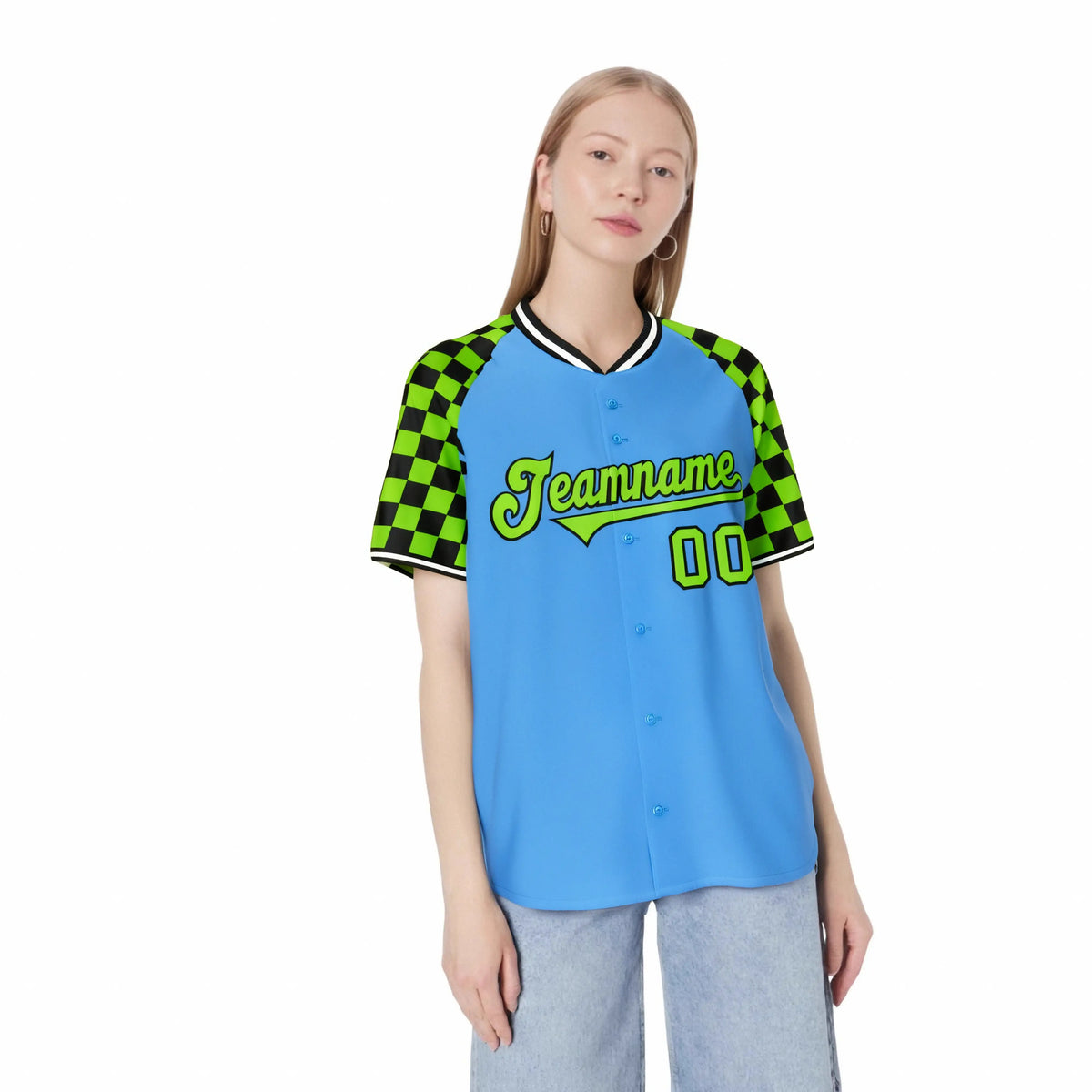 Custom Powder Blue-Neon Green Black Authentic Plaid Sleeve Baseball Jersey