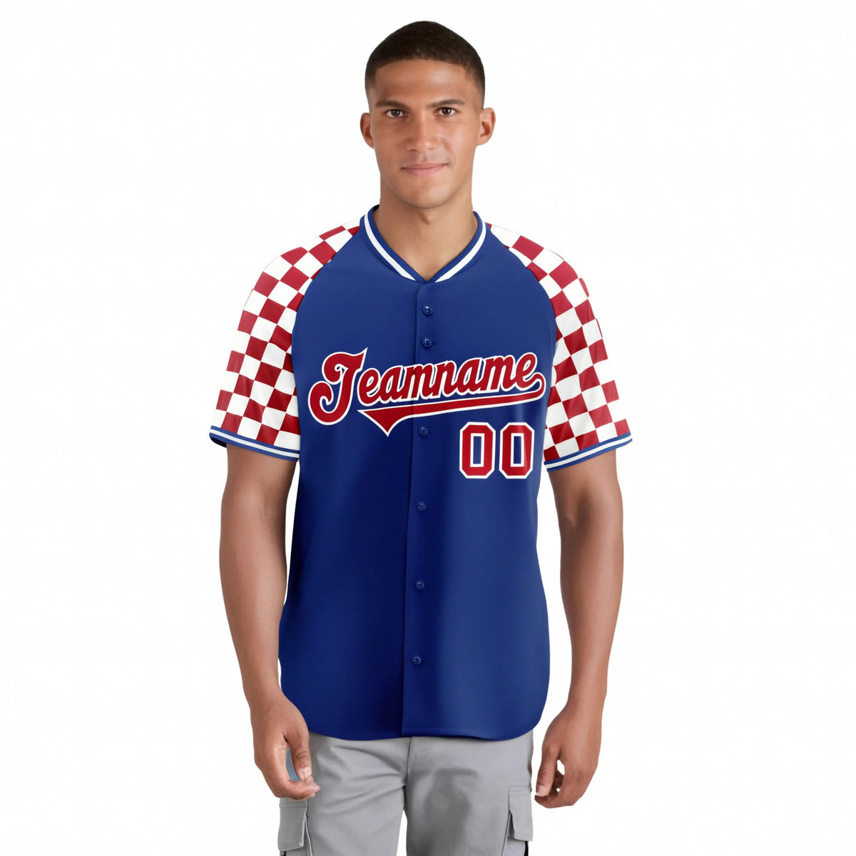Custom Royal Blue Red-White Authentic Plaid Sleeve Baseball Jersey