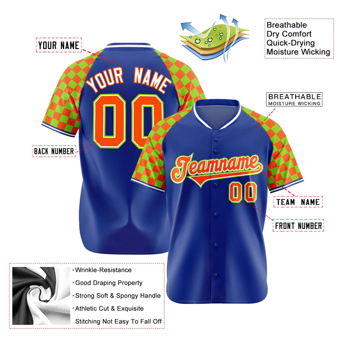 Custom Royal Blue Orange-Neon Green Authentic Plaid Sleeve Baseball Jersey