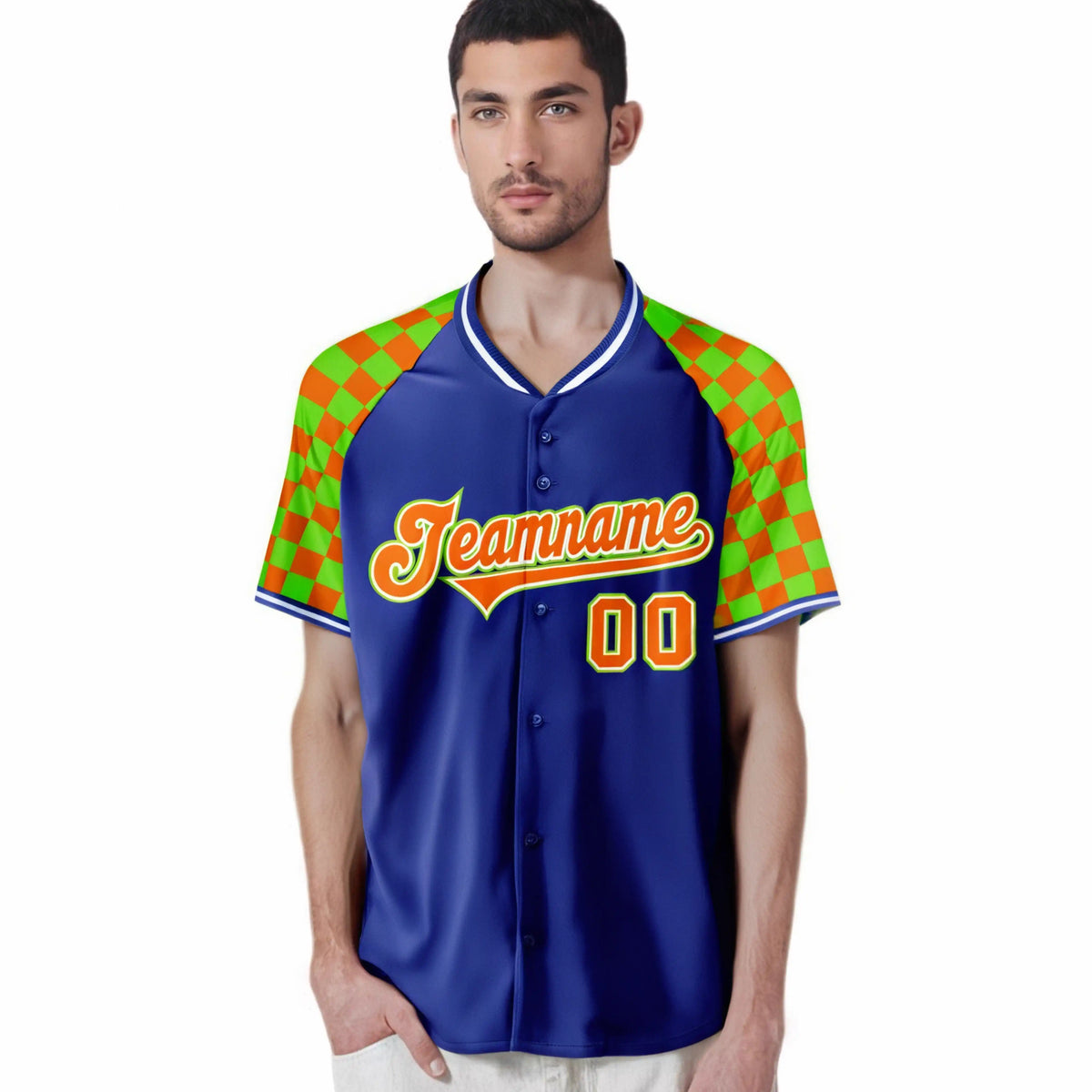 Custom Royal Blue Orange-Neon Green Authentic Plaid Sleeve Baseball Jersey