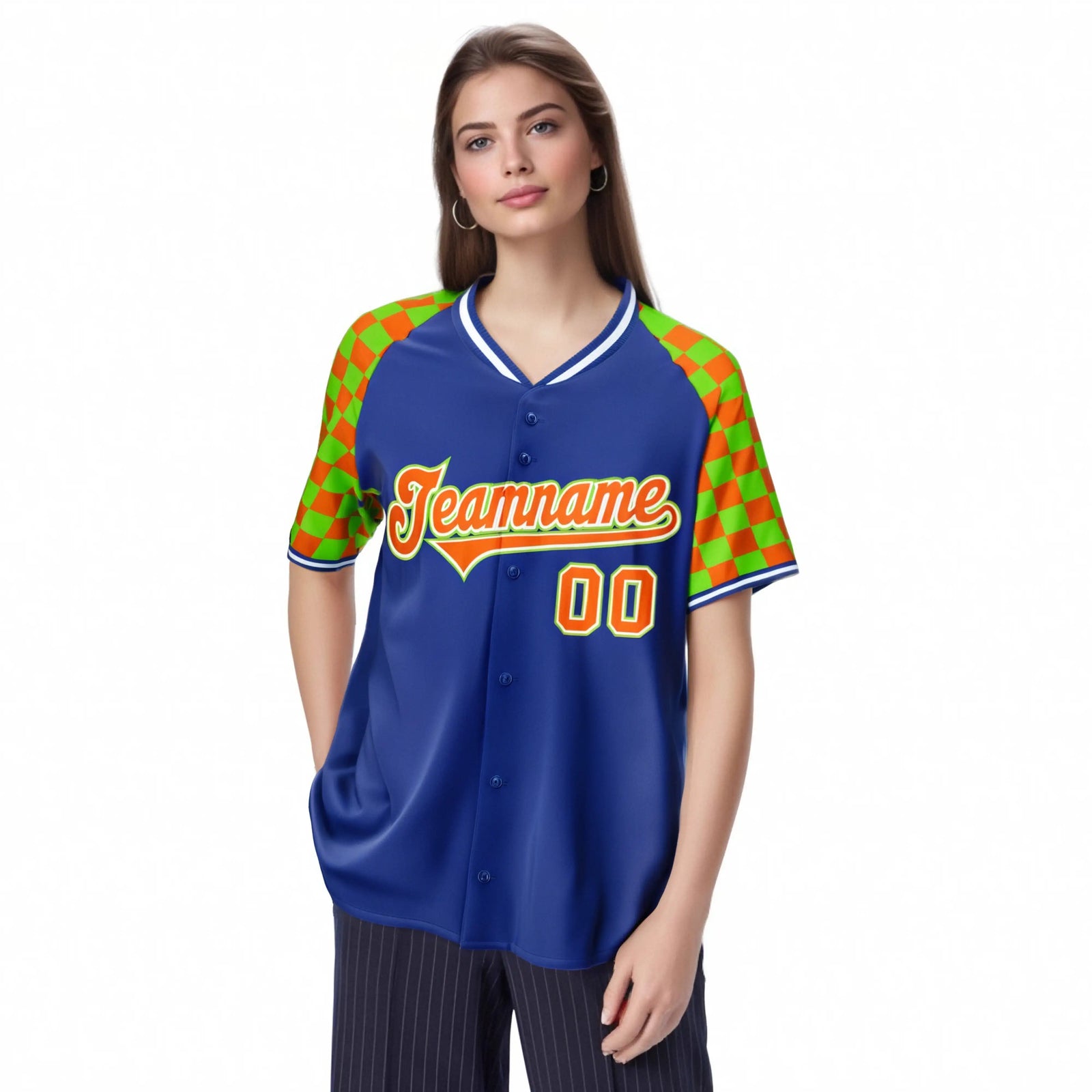Custom Royal Blue Orange-Neon Green Authentic Plaid Sleeve Baseball Jersey
