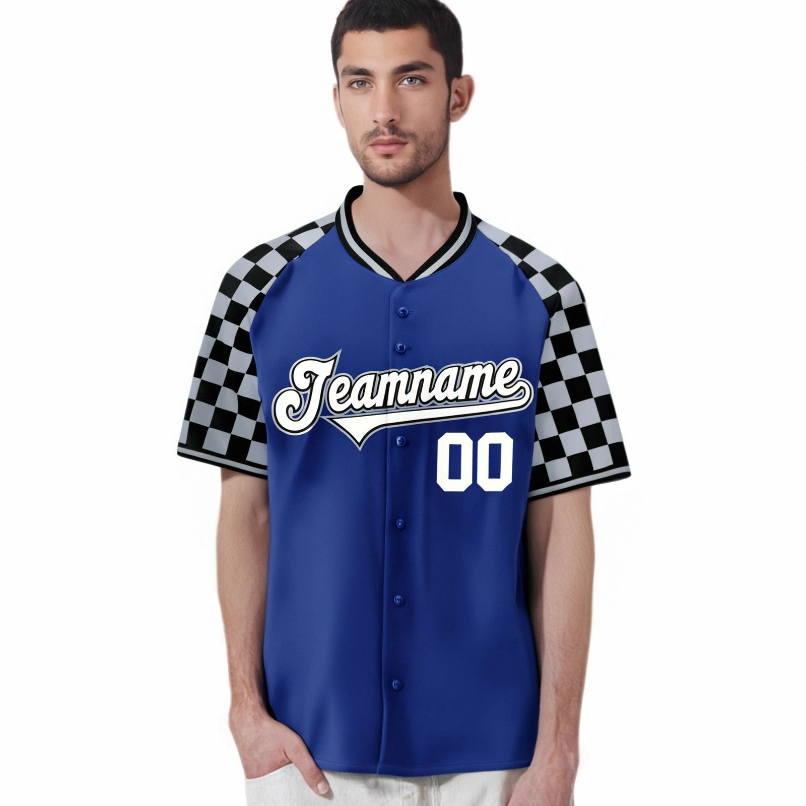 Custom Royal Blue Black-Gray Authentic Plaid Sleeve Baseball Jersey