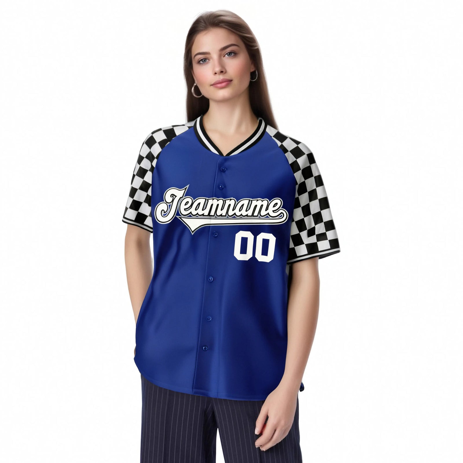 Custom Royal Blue Black-Gray Authentic Plaid Sleeve Baseball Jersey