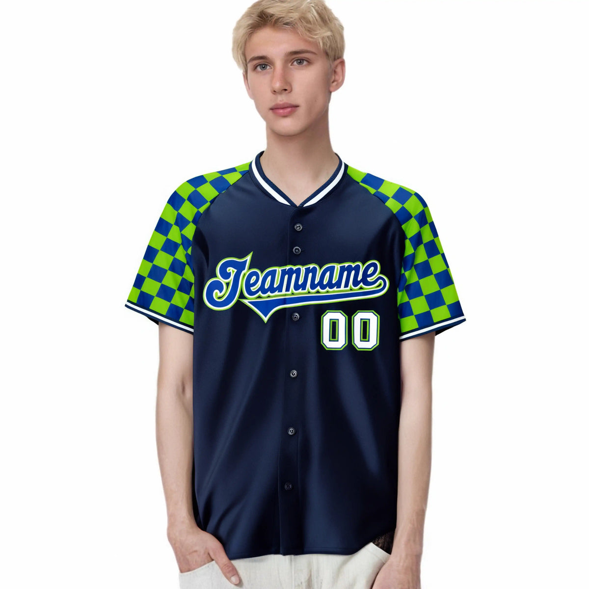 Custom Navy Neon Green-Royal Blue Authentic Plaid Sleeve Baseball Jersey