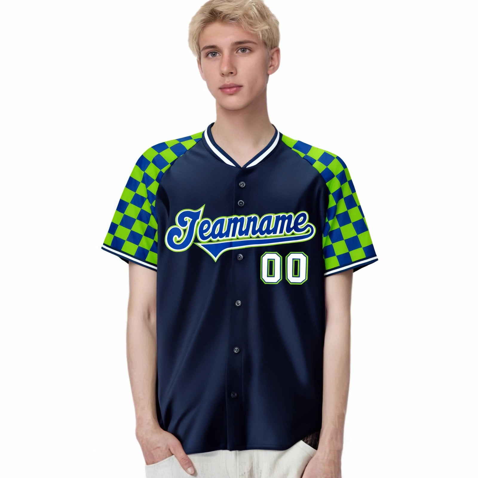 Custom Navy Neon Green-Royal Blue Authentic Plaid Sleeve Baseball Jersey