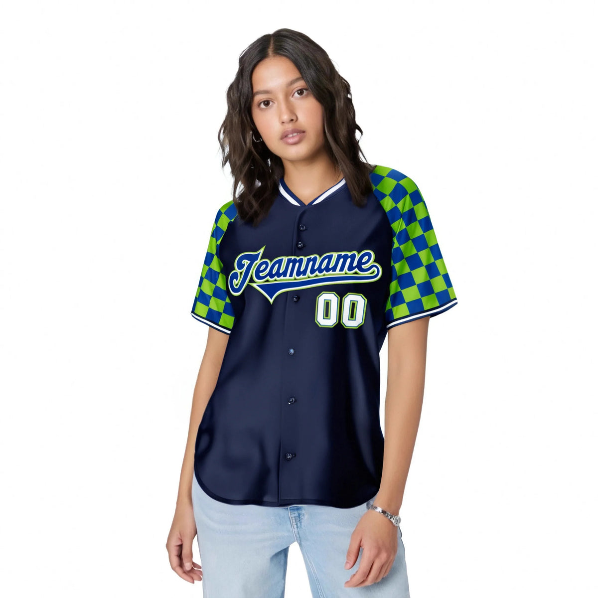 Custom Navy Neon Green-Royal Blue Authentic Plaid Sleeve Baseball Jersey