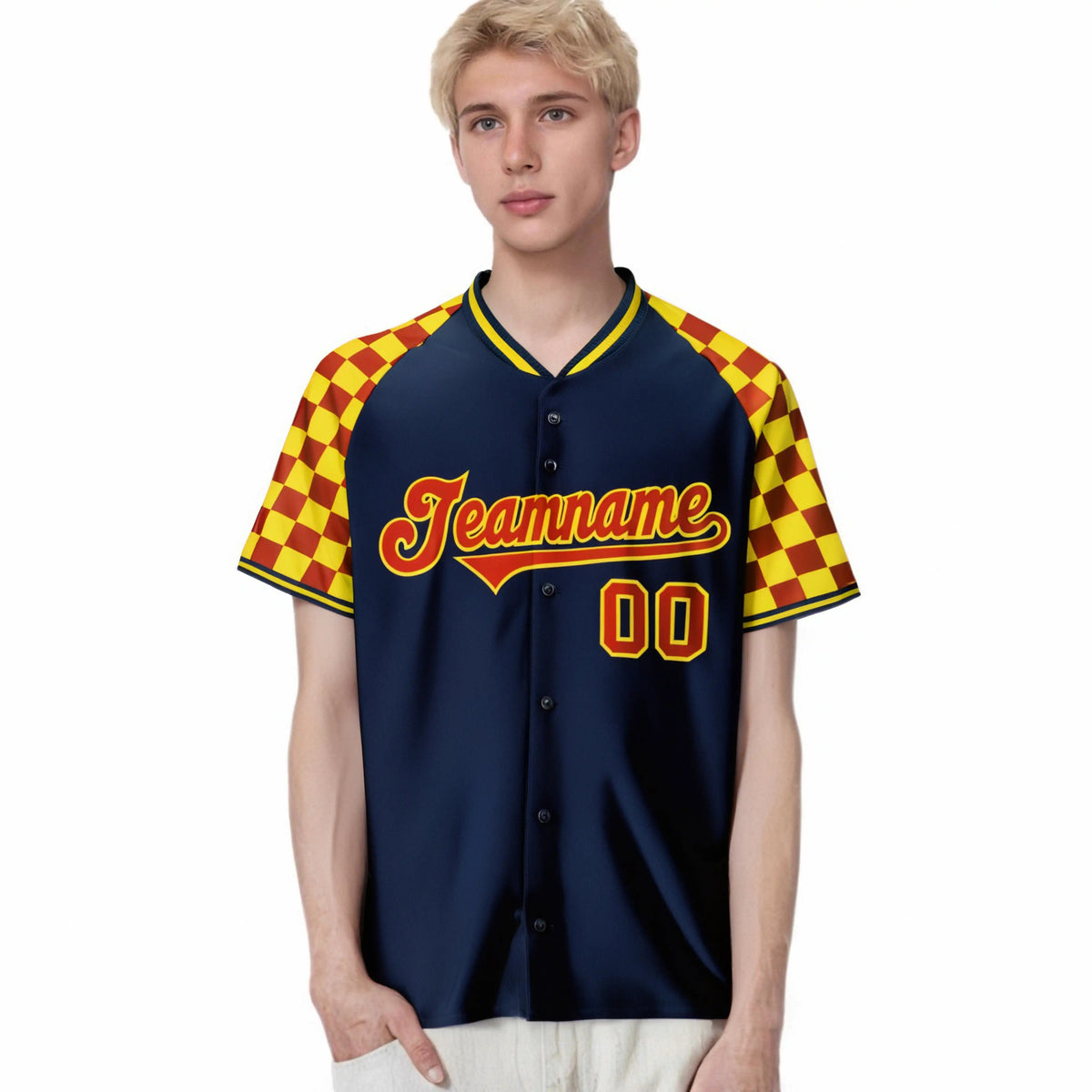 Custom Navy Red-Gold Authentic Plaid Sleeve Baseball Jersey