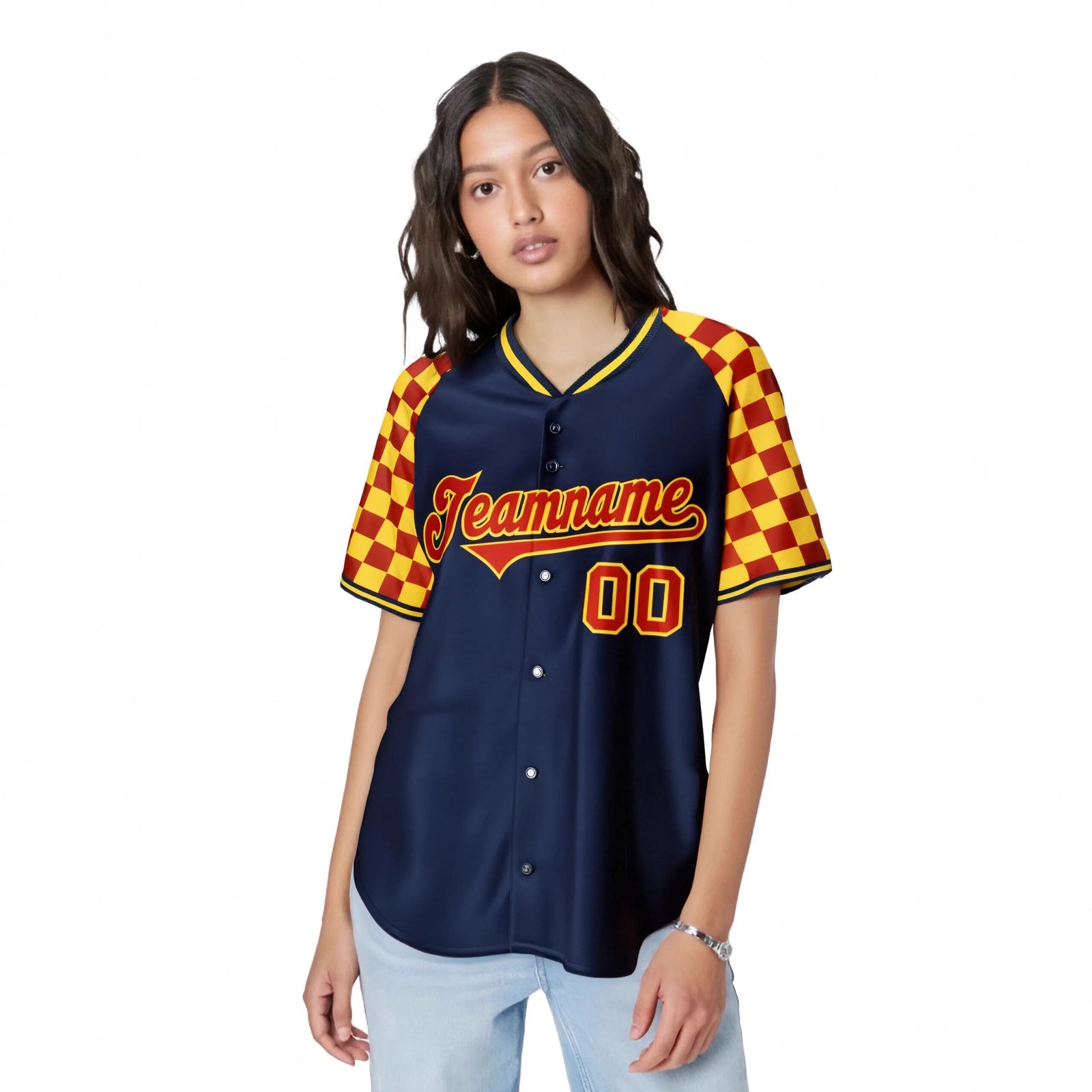 Custom Navy Red-Gold Authentic Plaid Sleeve Baseball Jersey