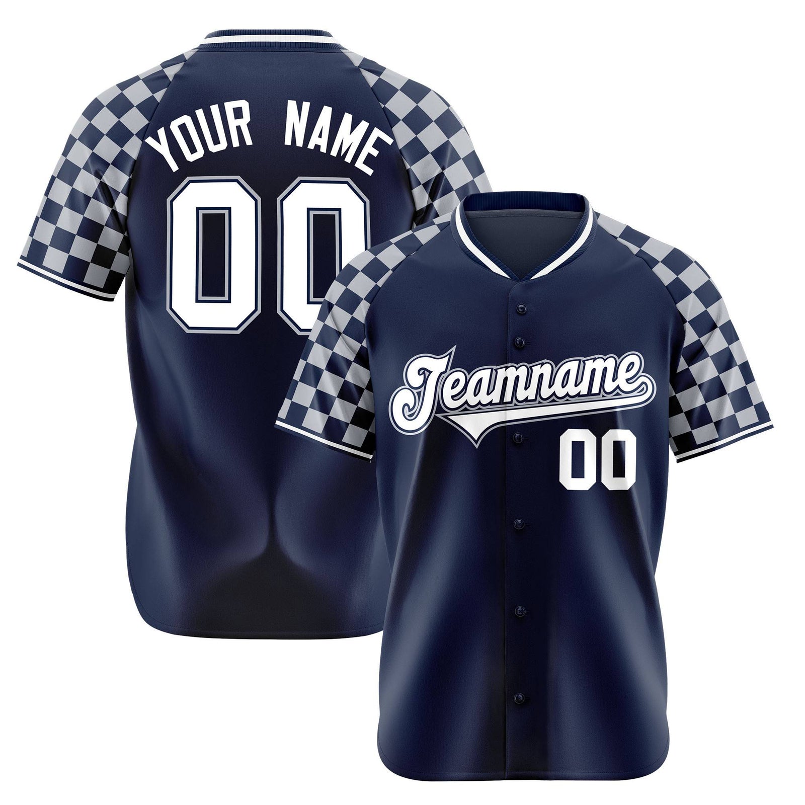 Custom Navy White-Gray Authentic Plaid Sleeve Baseball Jersey
