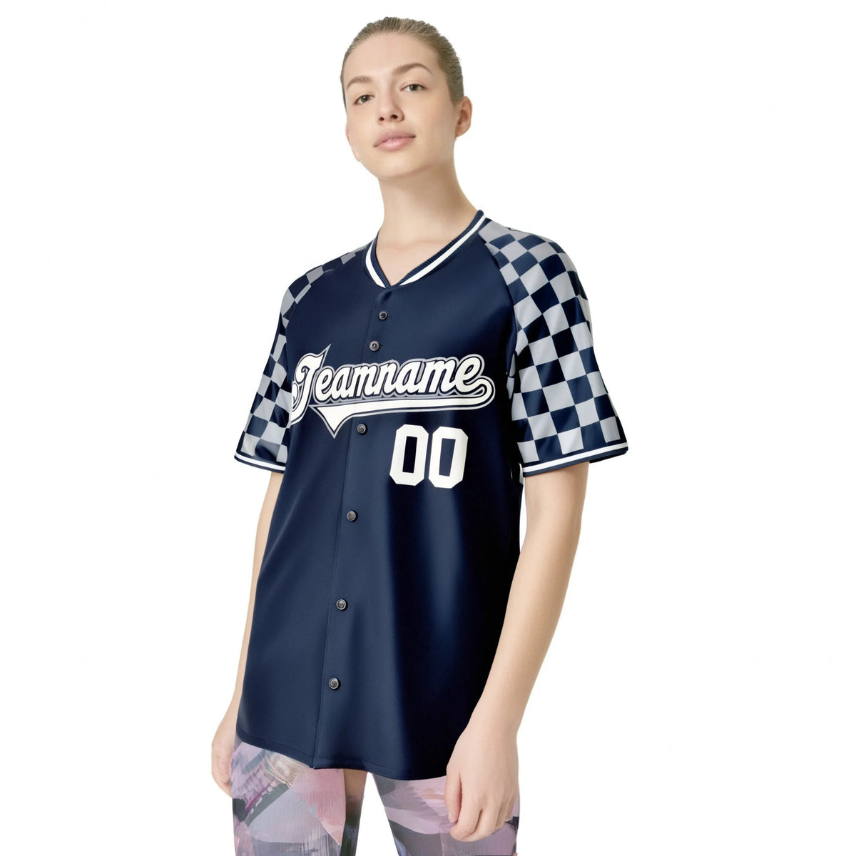 Custom Navy White-Gray Authentic Plaid Sleeve Baseball Jersey