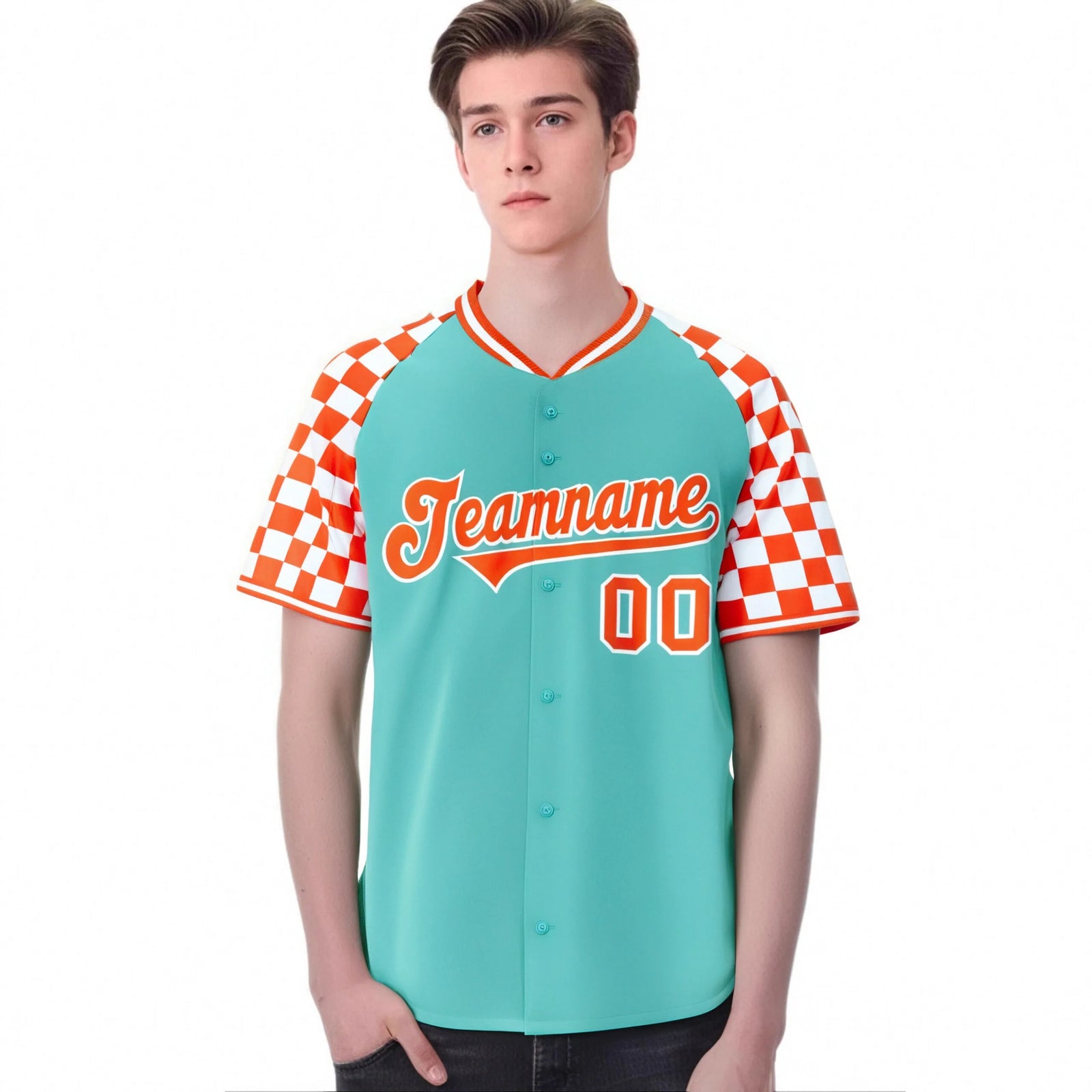 Custom Bright Green Orange-White Authentic Plaid Sleeve Baseball Jersey