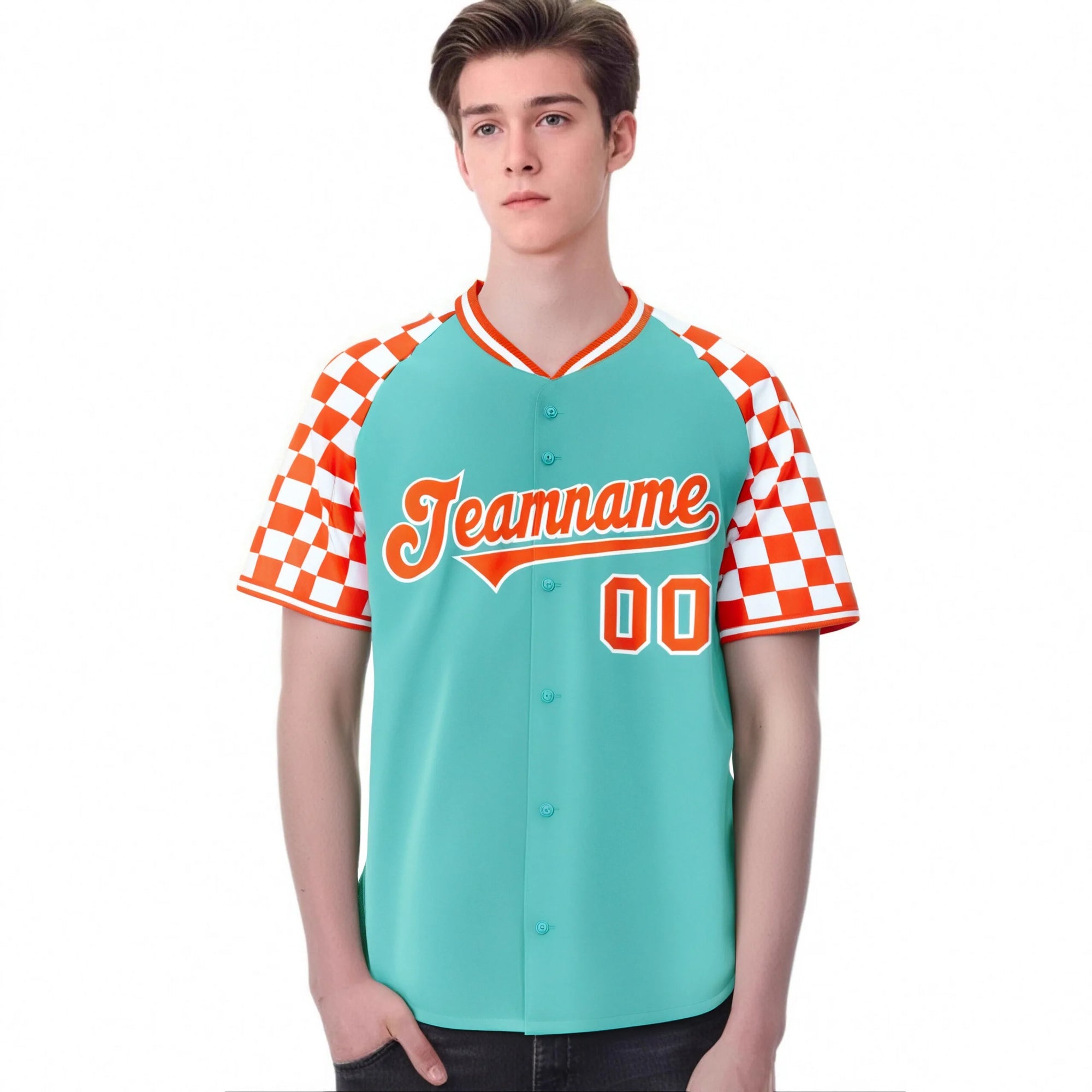 Custom Bright Green Orange-White Authentic Plaid Sleeve Baseball Jersey