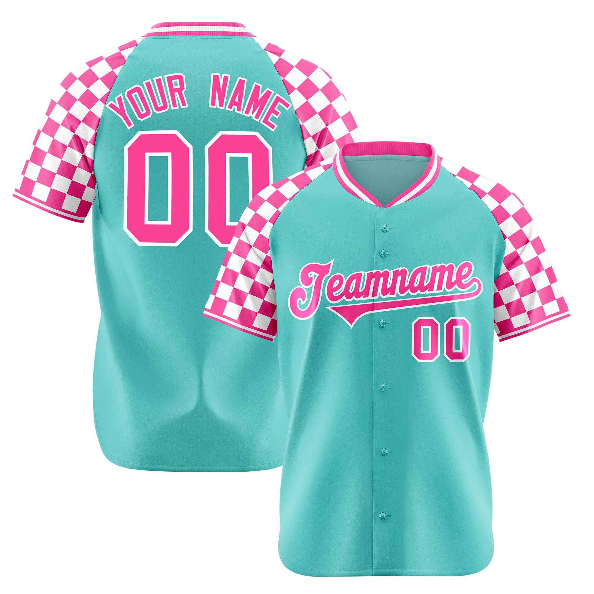 Custom Bright Green Pink-White Authentic Plaid Sleeve Baseball Jersey