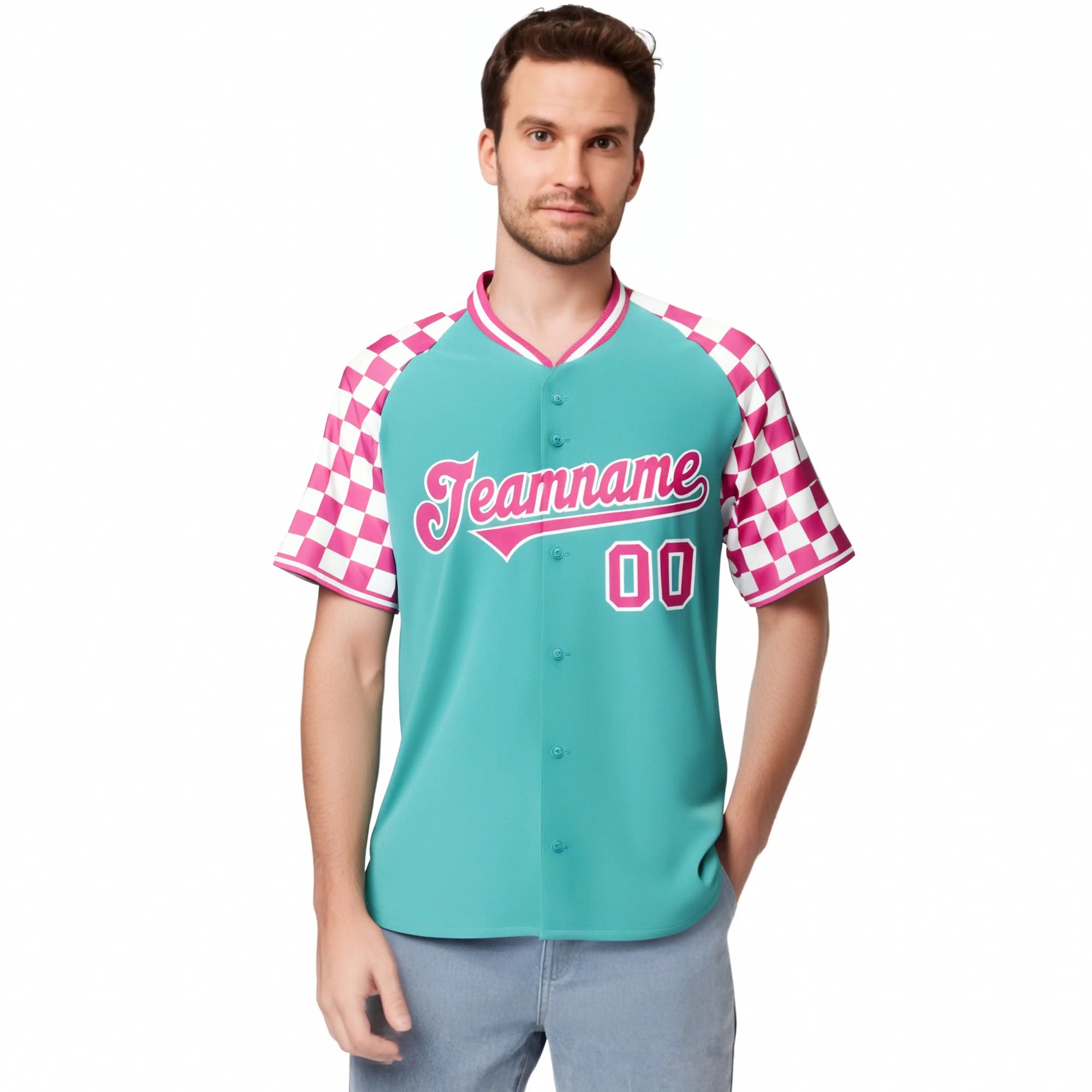 Custom Bright Green Pink-White Authentic Plaid Sleeve Baseball Jersey