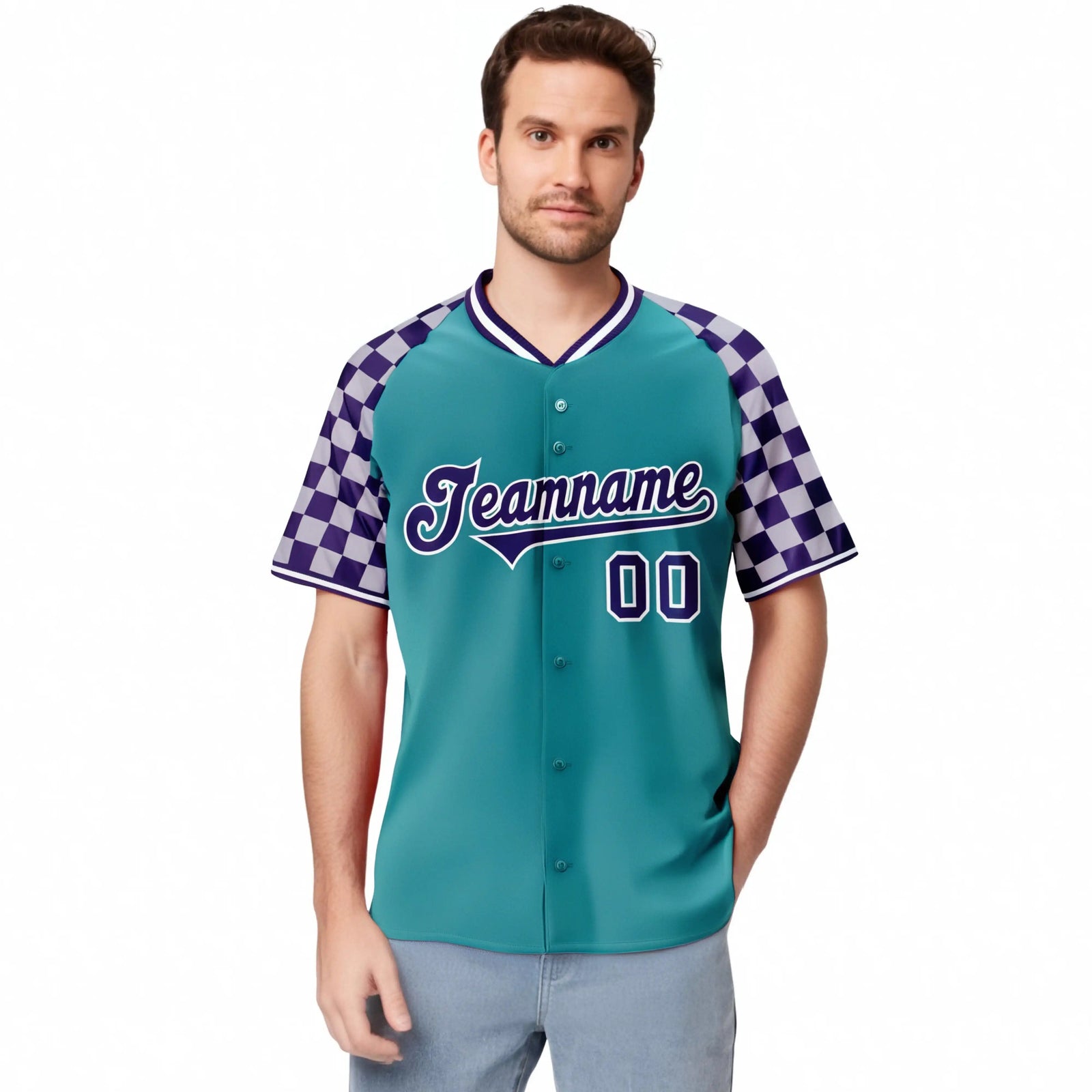 Custom Aqua Purple-Gray Authentic Plaid Sleeve Baseball Jersey