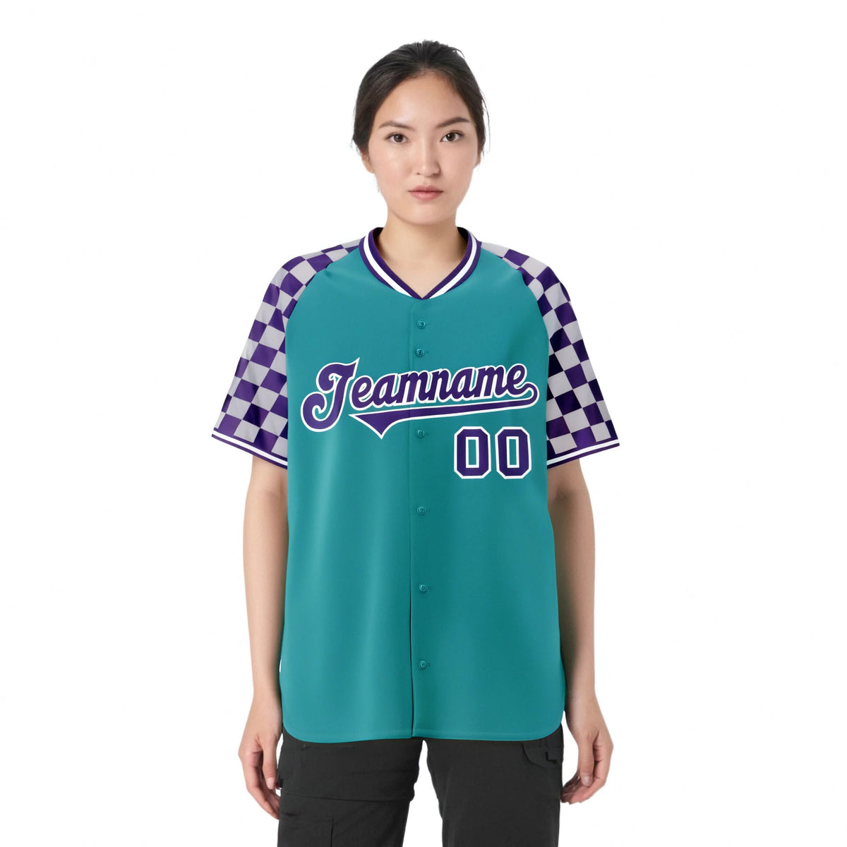 Custom Aqua Purple-Gray Authentic Plaid Sleeve Baseball Jersey