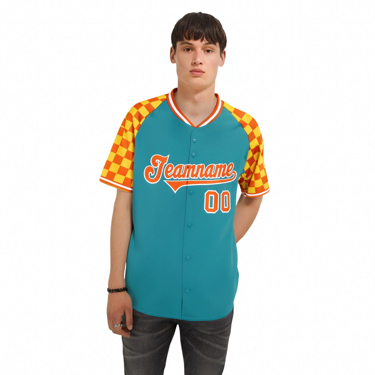 Custom Aqua Orange-Gold Authentic Plaid Sleeve Baseball Jersey