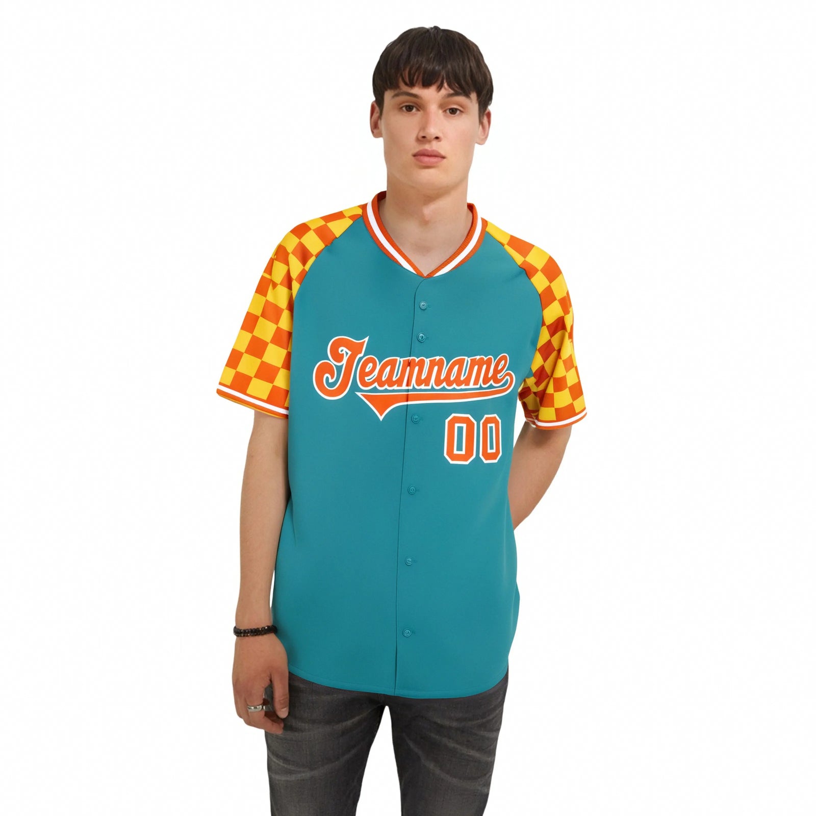 Custom Aqua Orange-Gold Authentic Plaid Sleeve Baseball Jersey
