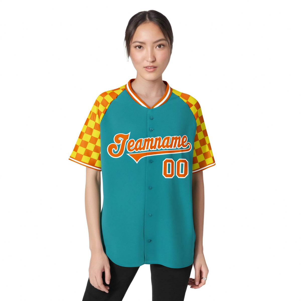 Custom Aqua Orange-Gold Authentic Plaid Sleeve Baseball Jersey