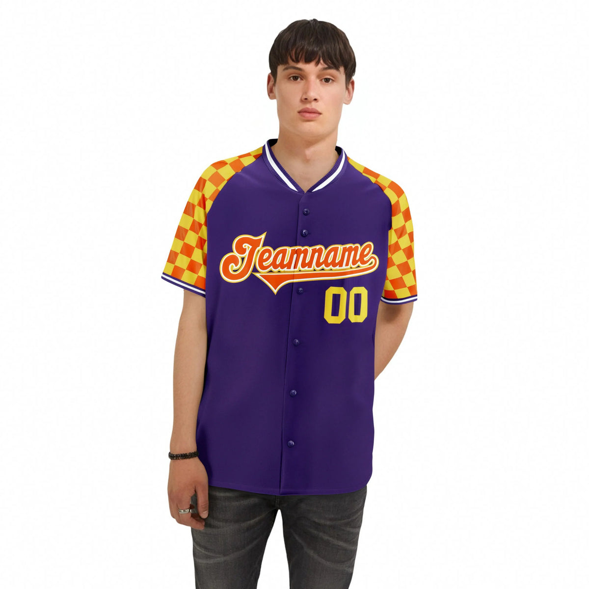Custom Purple Orange-Gold Authentic Plaid Sleeve Baseball Jersey