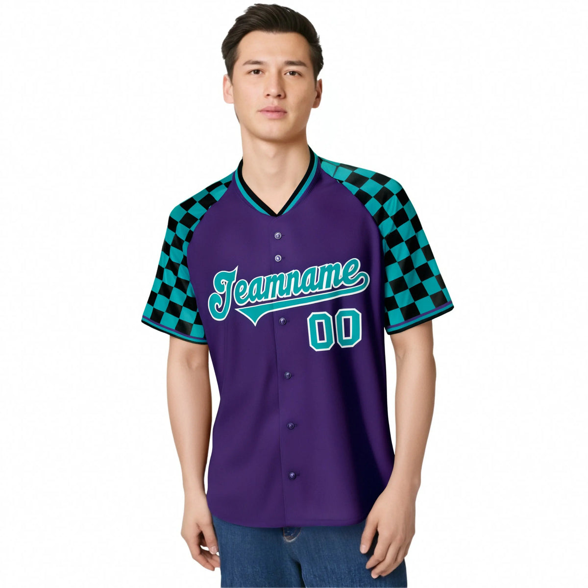 Custom Purple Aqua-Black Authentic Plaid Sleeve Baseball Jersey