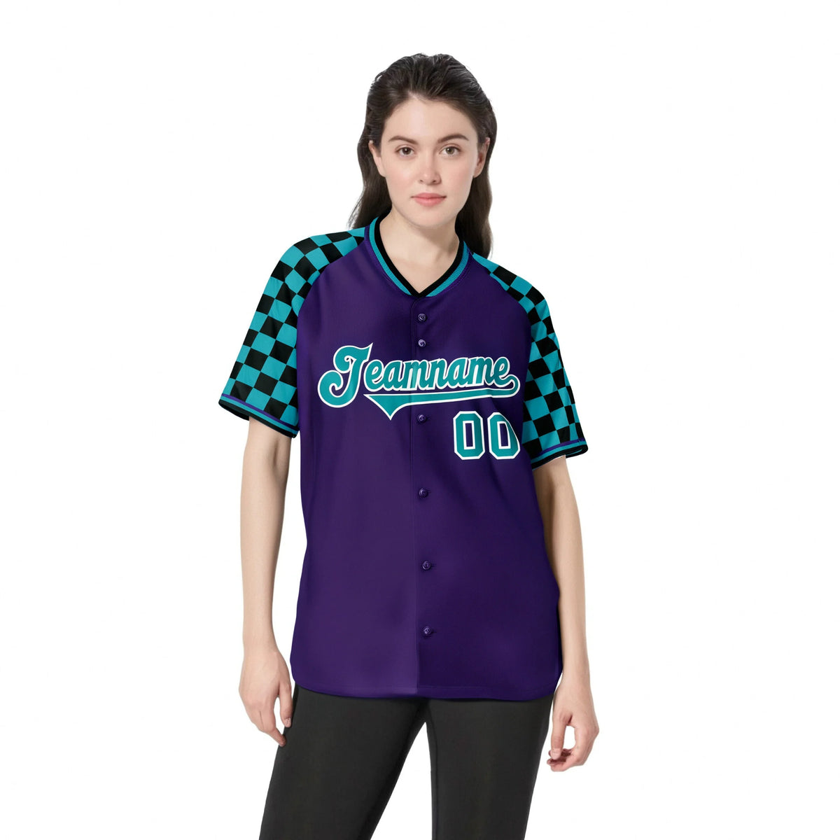 Custom Purple Aqua-Black Authentic Plaid Sleeve Baseball Jersey