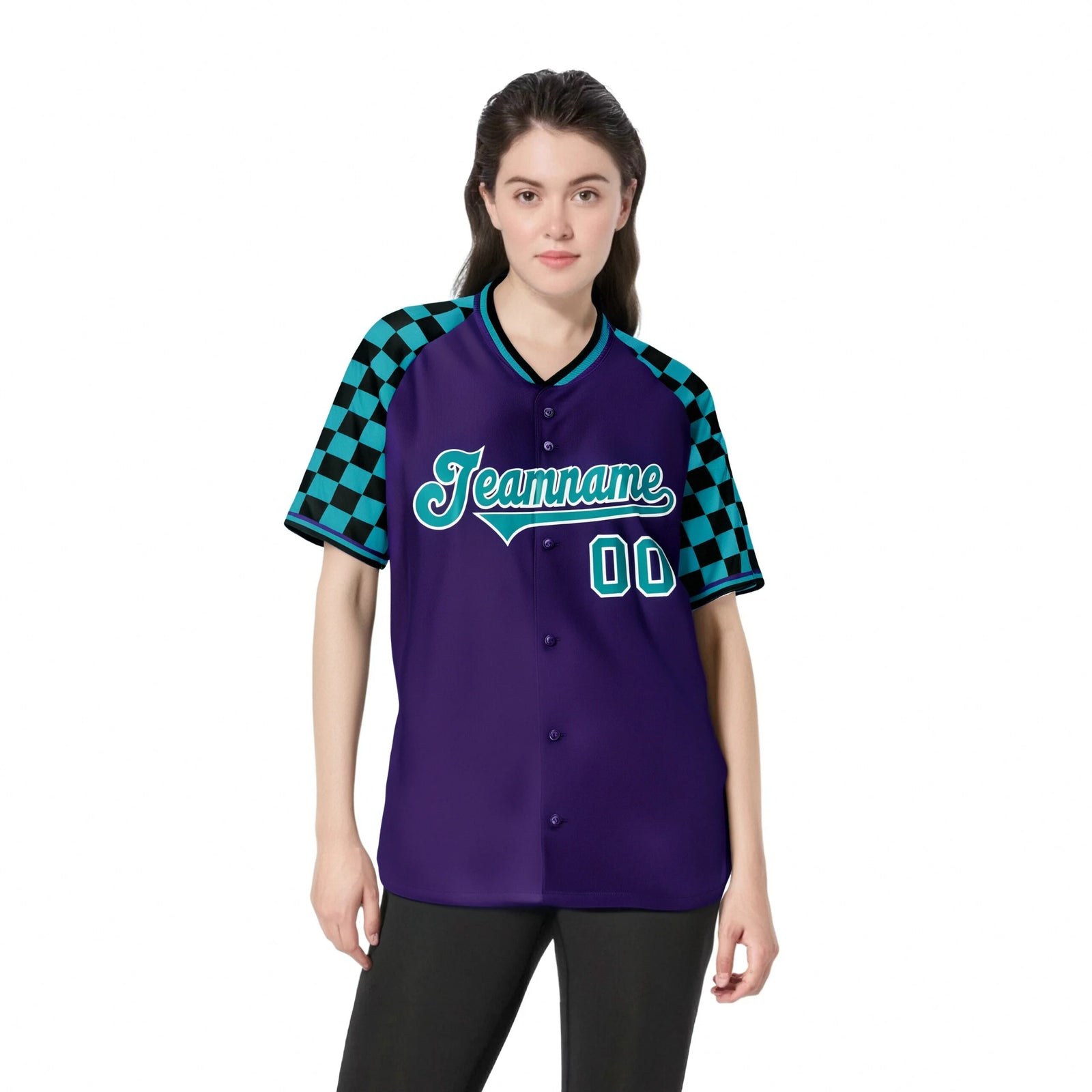 Custom Purple Aqua-Black Authentic Plaid Sleeve Baseball Jersey