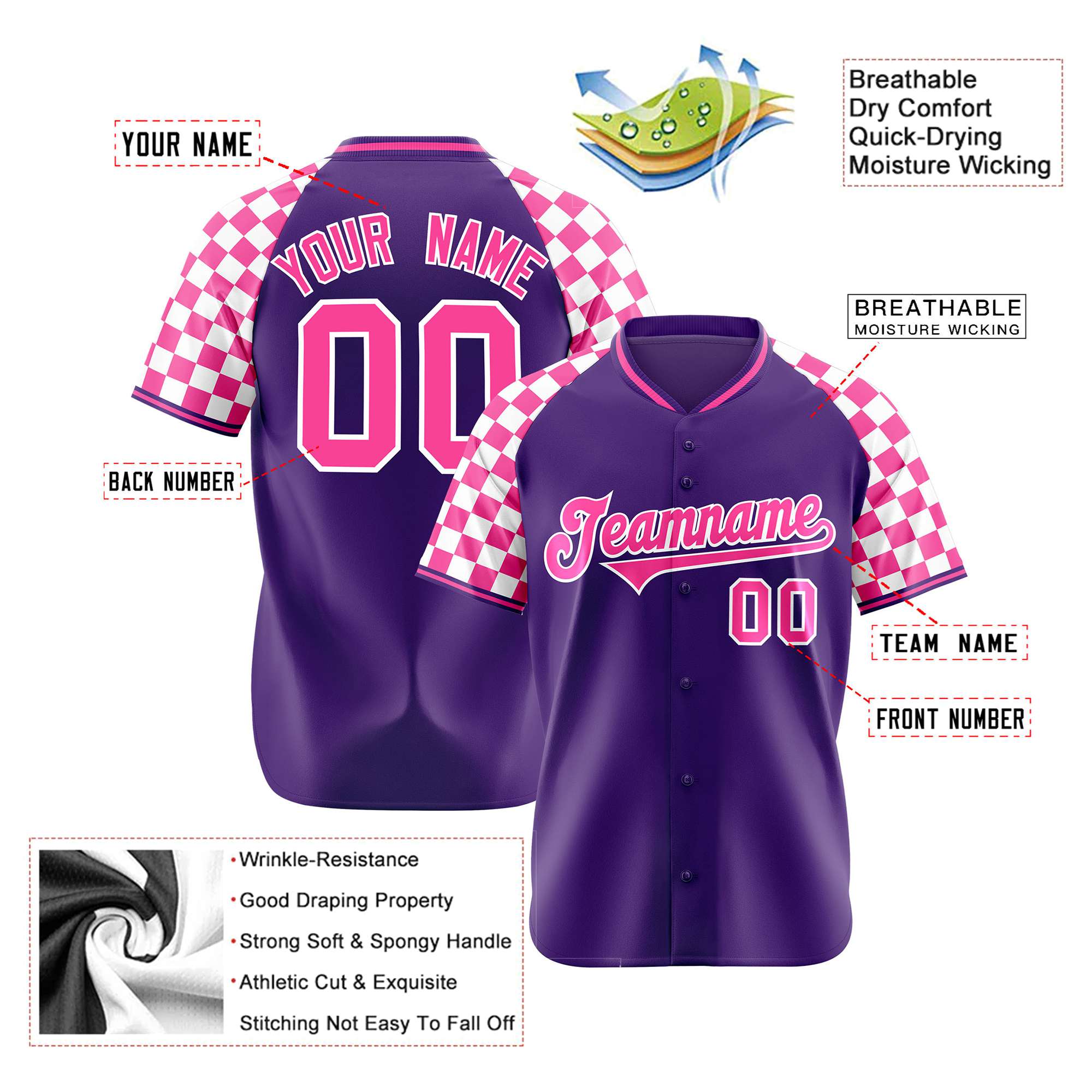 Custom Purple Pink-White Authentic Plaid Sleeve Baseball Jersey