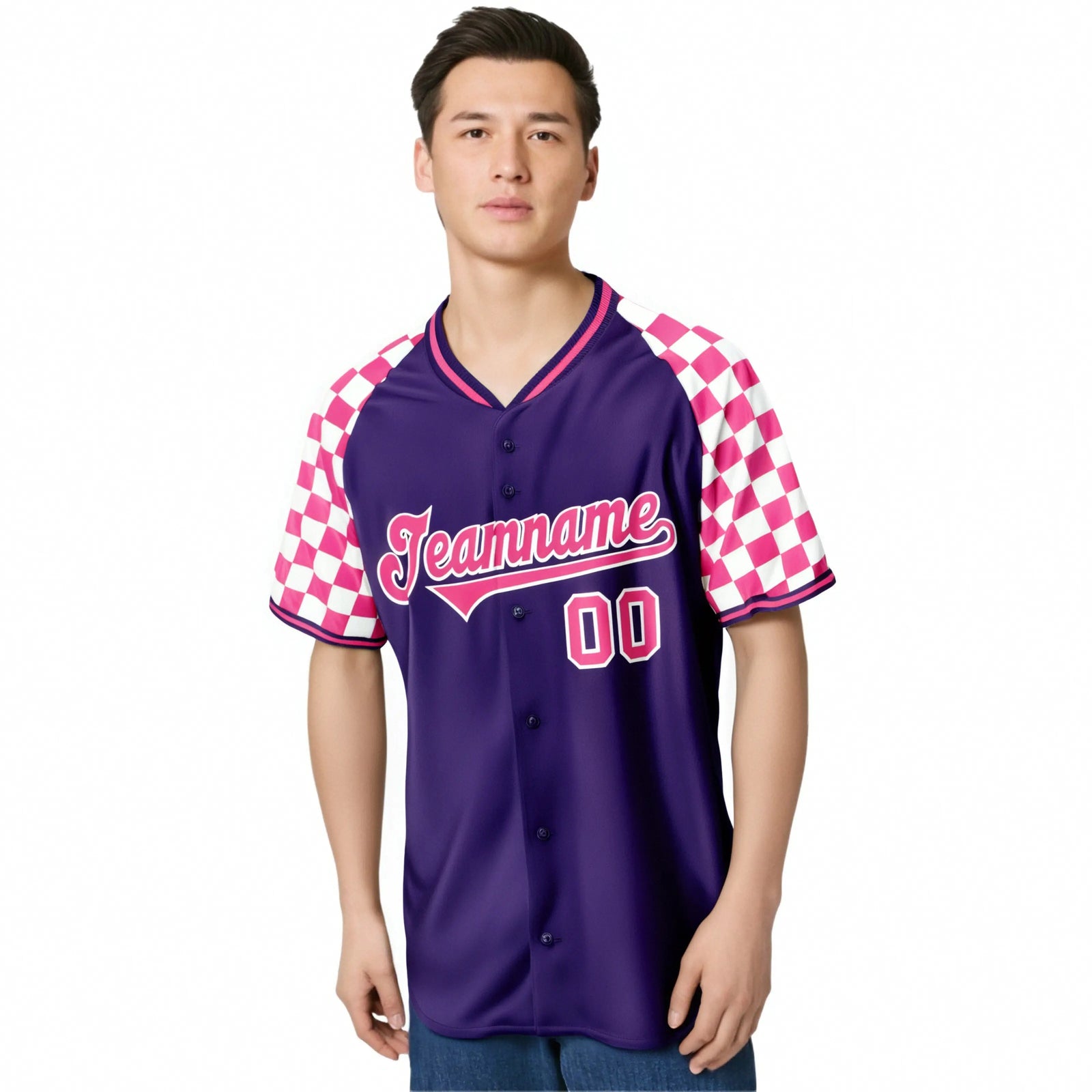 Custom Purple Pink-White Authentic Plaid Sleeve Baseball Jersey