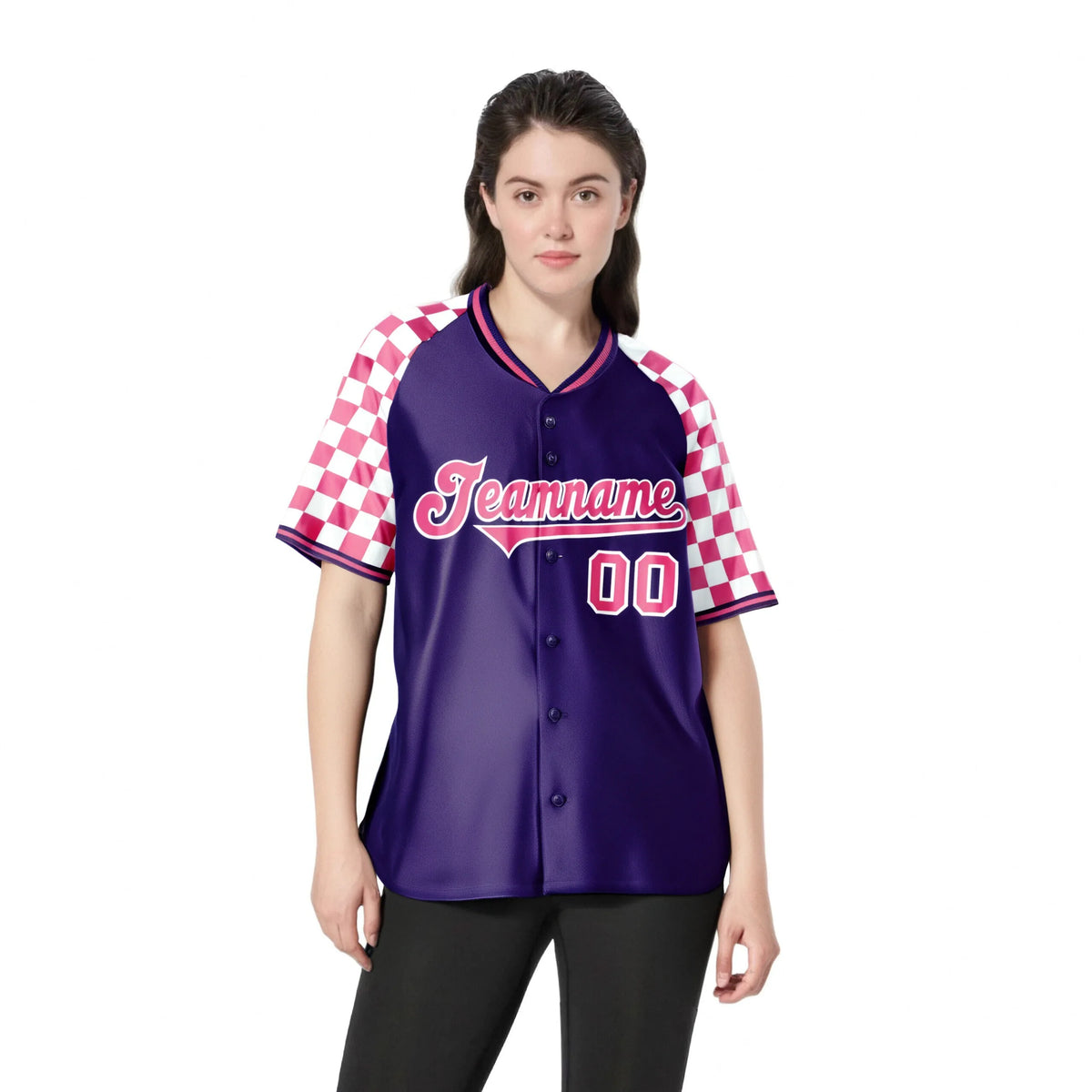 Custom Purple Pink-White Authentic Plaid Sleeve Baseball Jersey