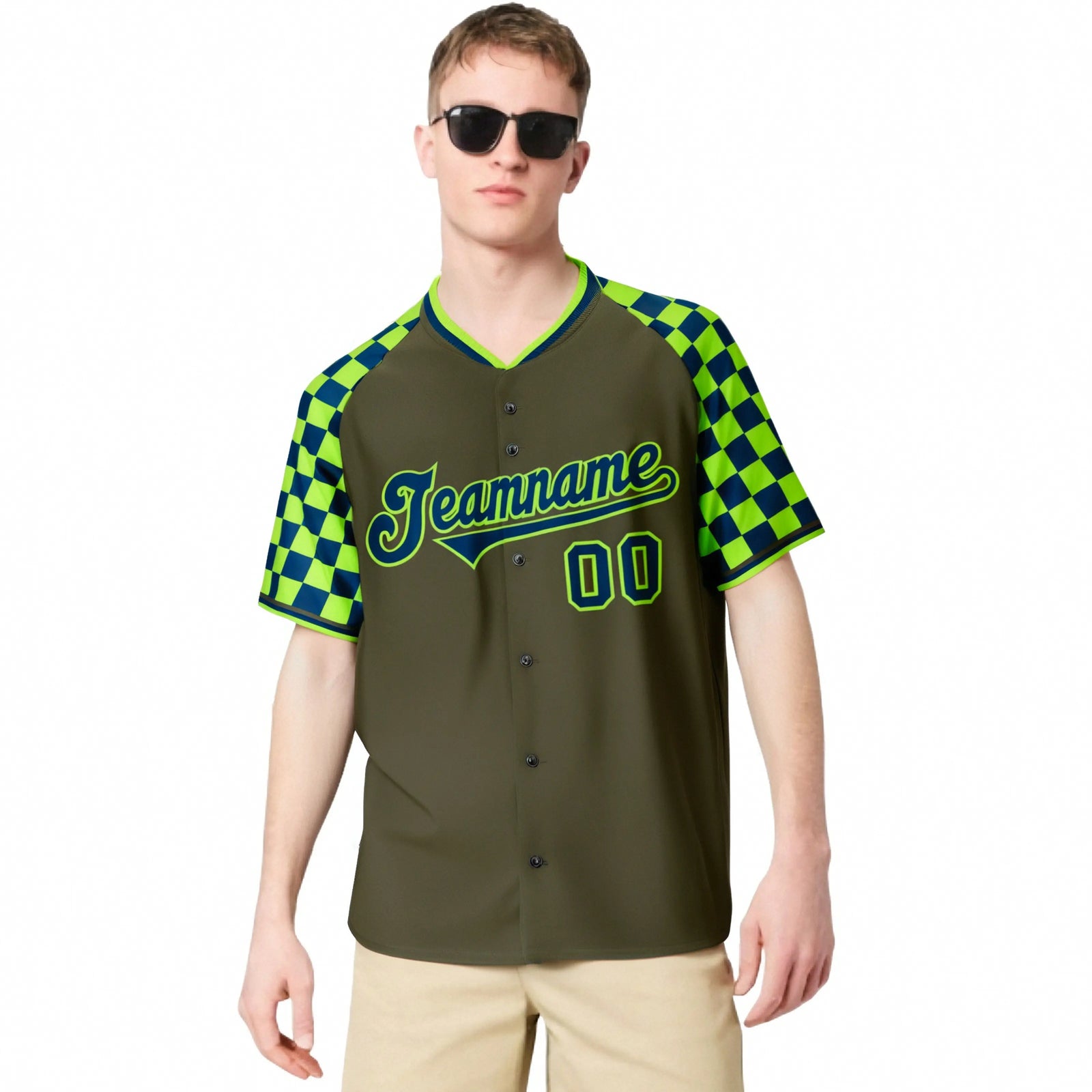 Custom Olive Neon Green-Navy Authentic Plaid Sleeve Baseball Jersey
