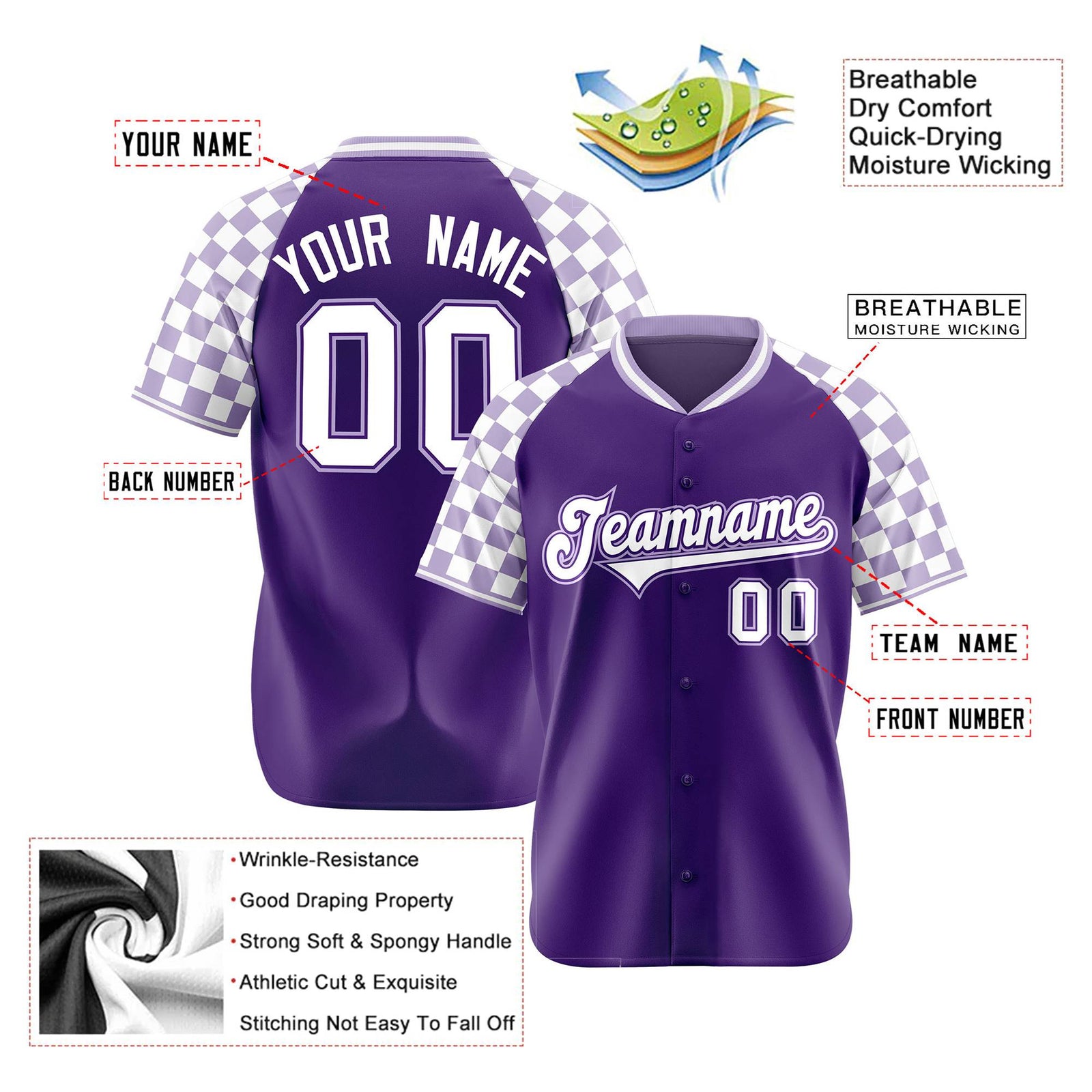 Custom Purple White Authentic Plaid Sleeve Baseball Jersey