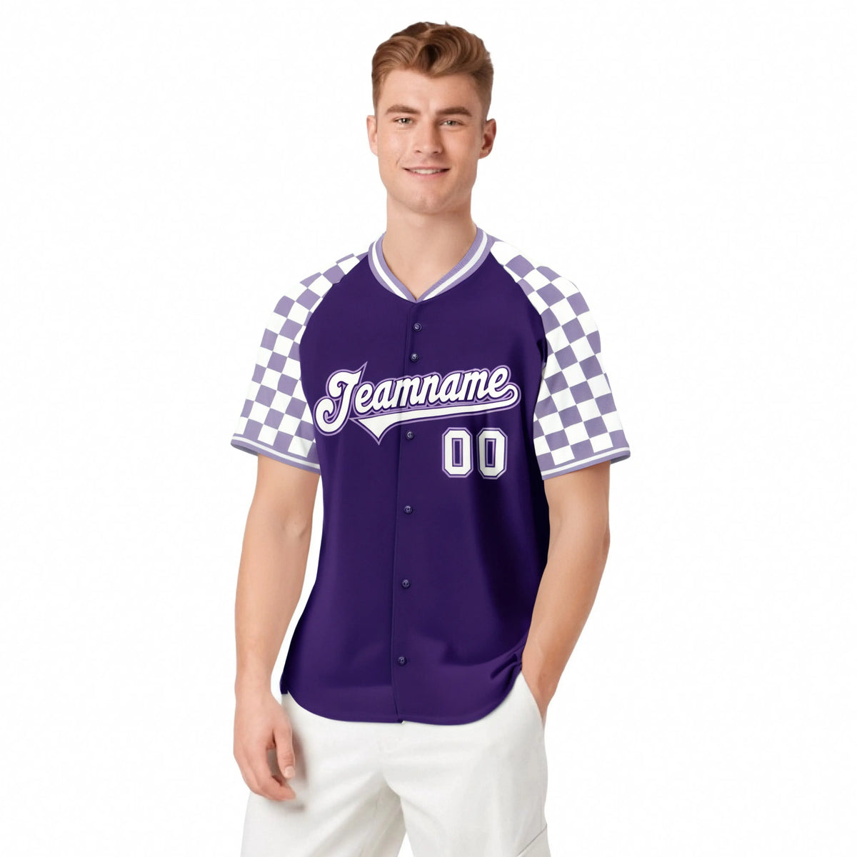 Custom Purple White Authentic Plaid Sleeve Baseball Jersey