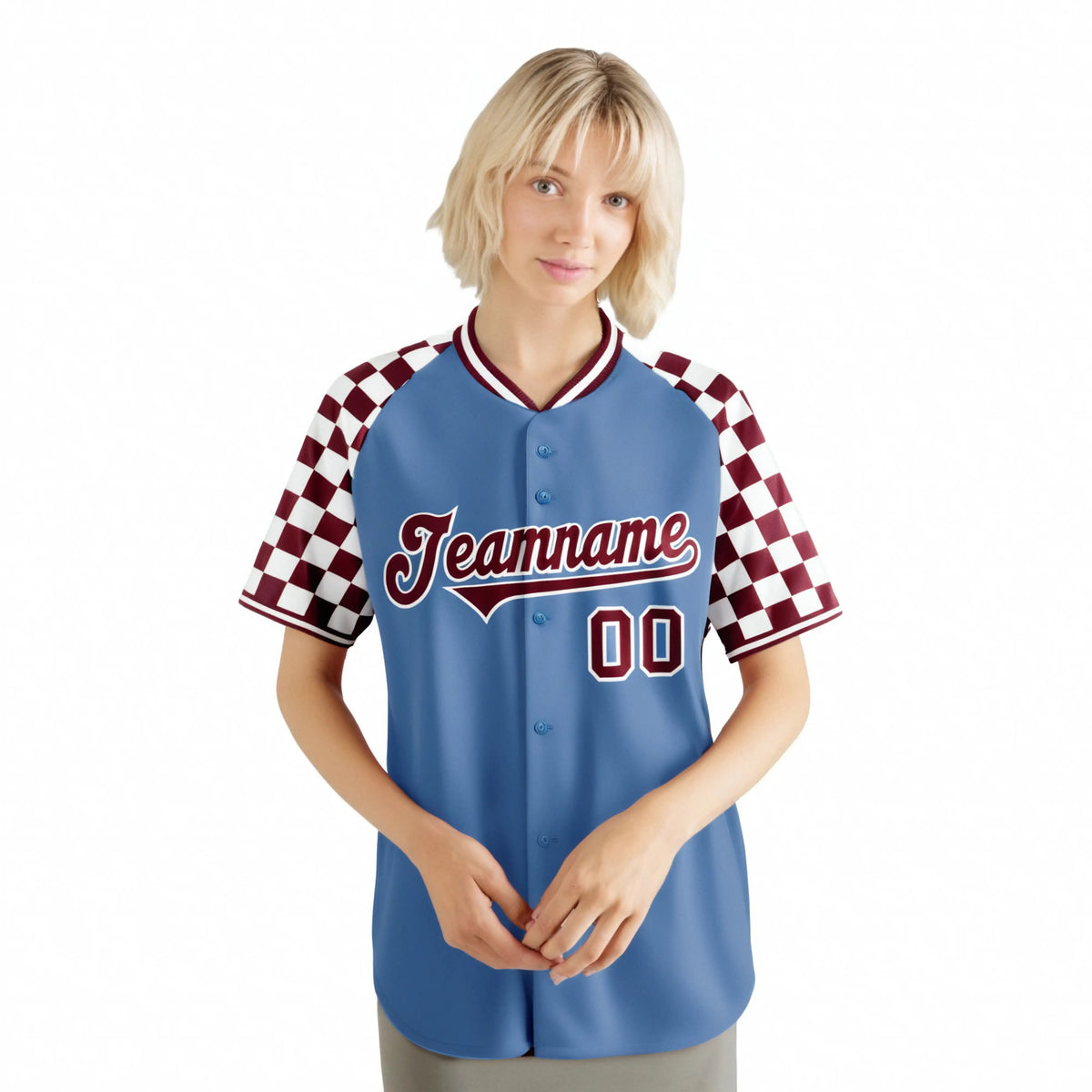 Custom Light Blue Crimson-White Authentic Plaid Sleeve Baseball Jersey