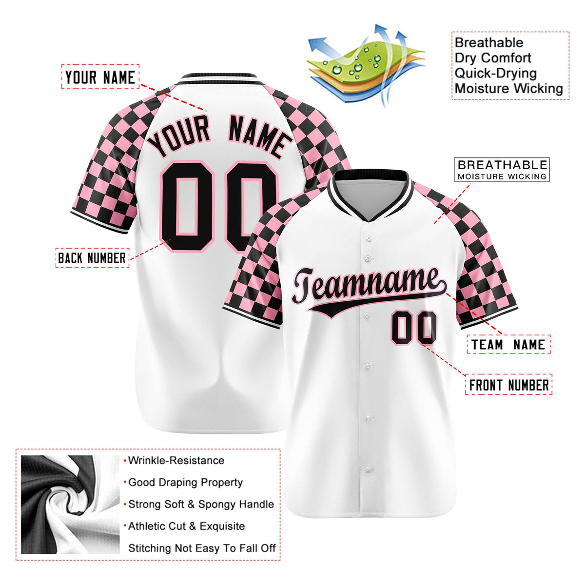 Custom White Light Pink-Black Authentic Plaid sleeve Baseball Jersey