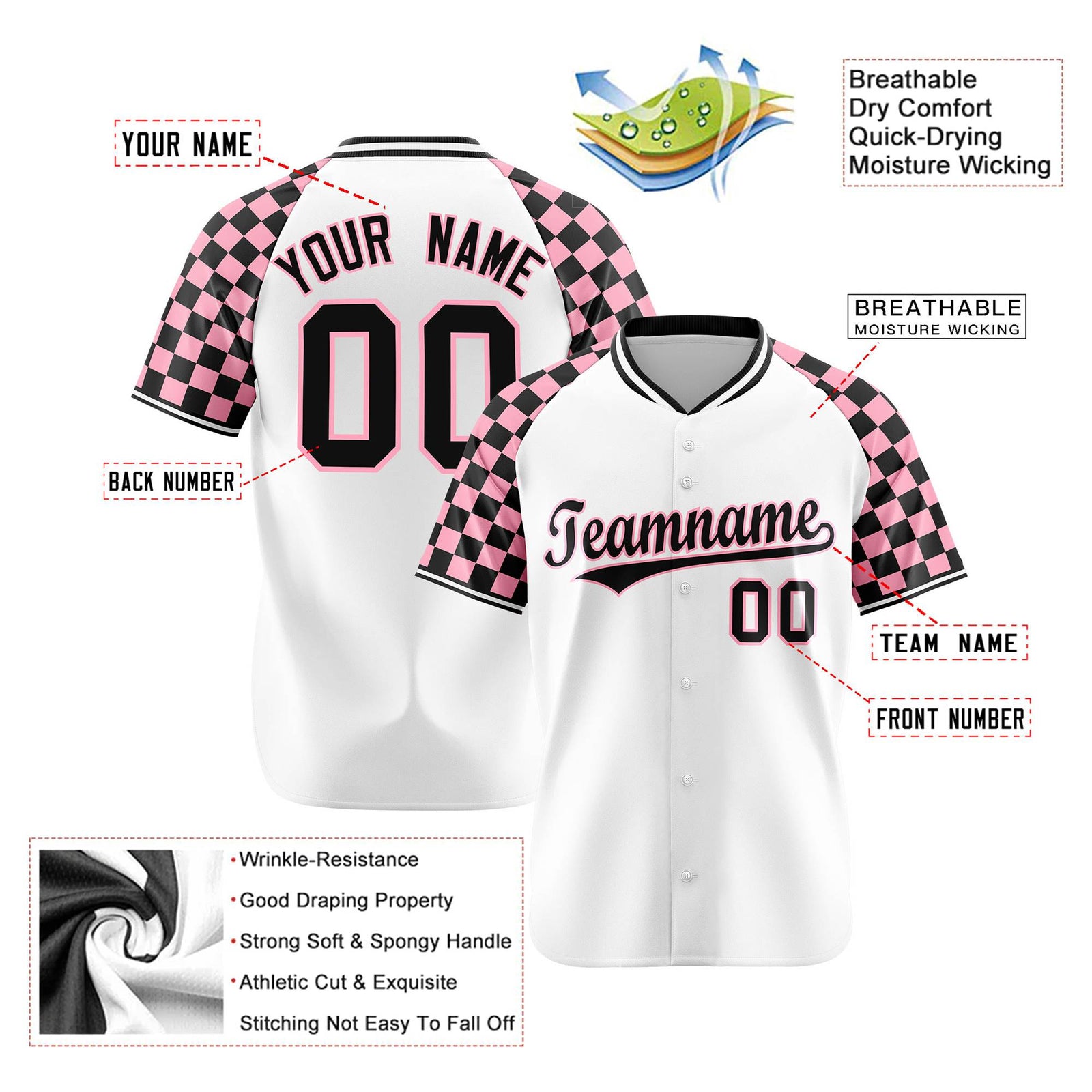 Custom White Light Pink-Black Authentic Plaid sleeve Baseball Jersey