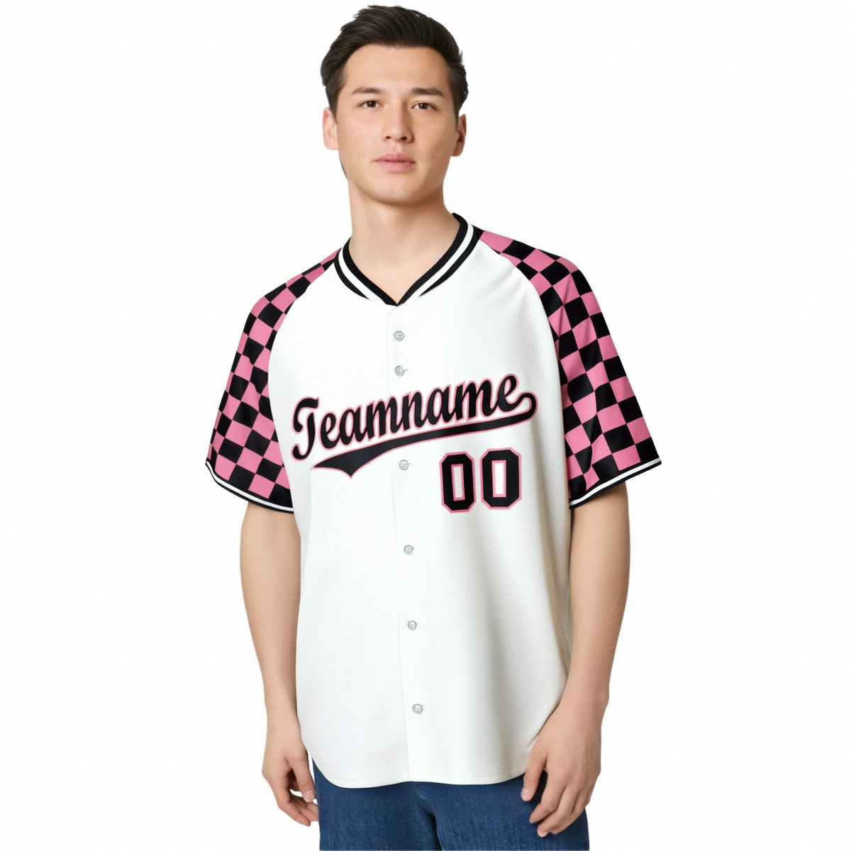 Custom White Light Pink-Black Authentic Plaid sleeve Baseball Jersey