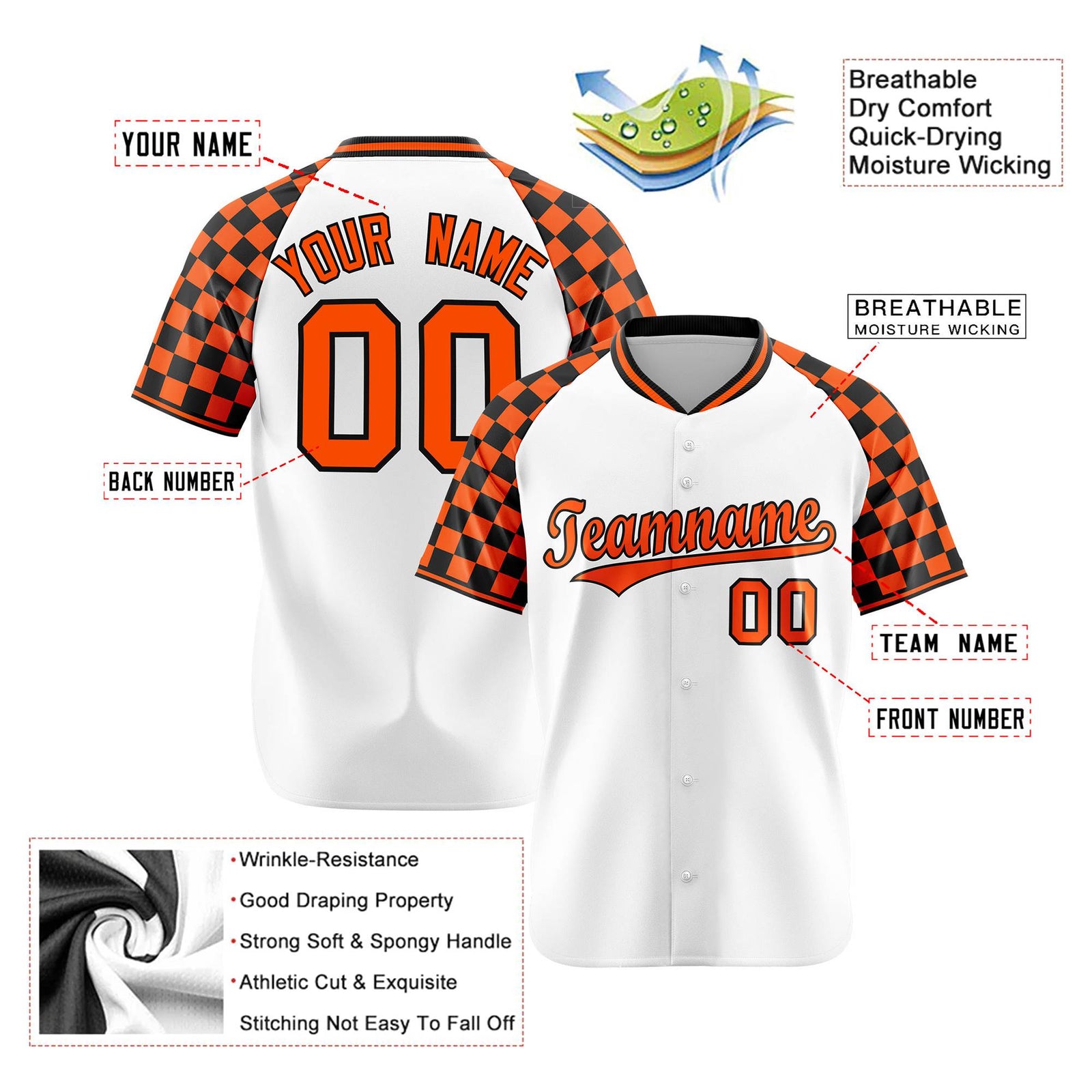 Custom White Orange-Black Authentic Plaid sleeve Baseball Jersey
