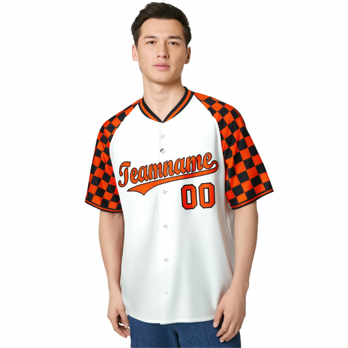 Custom White Orange-Black Authentic Plaid sleeve Baseball Jersey