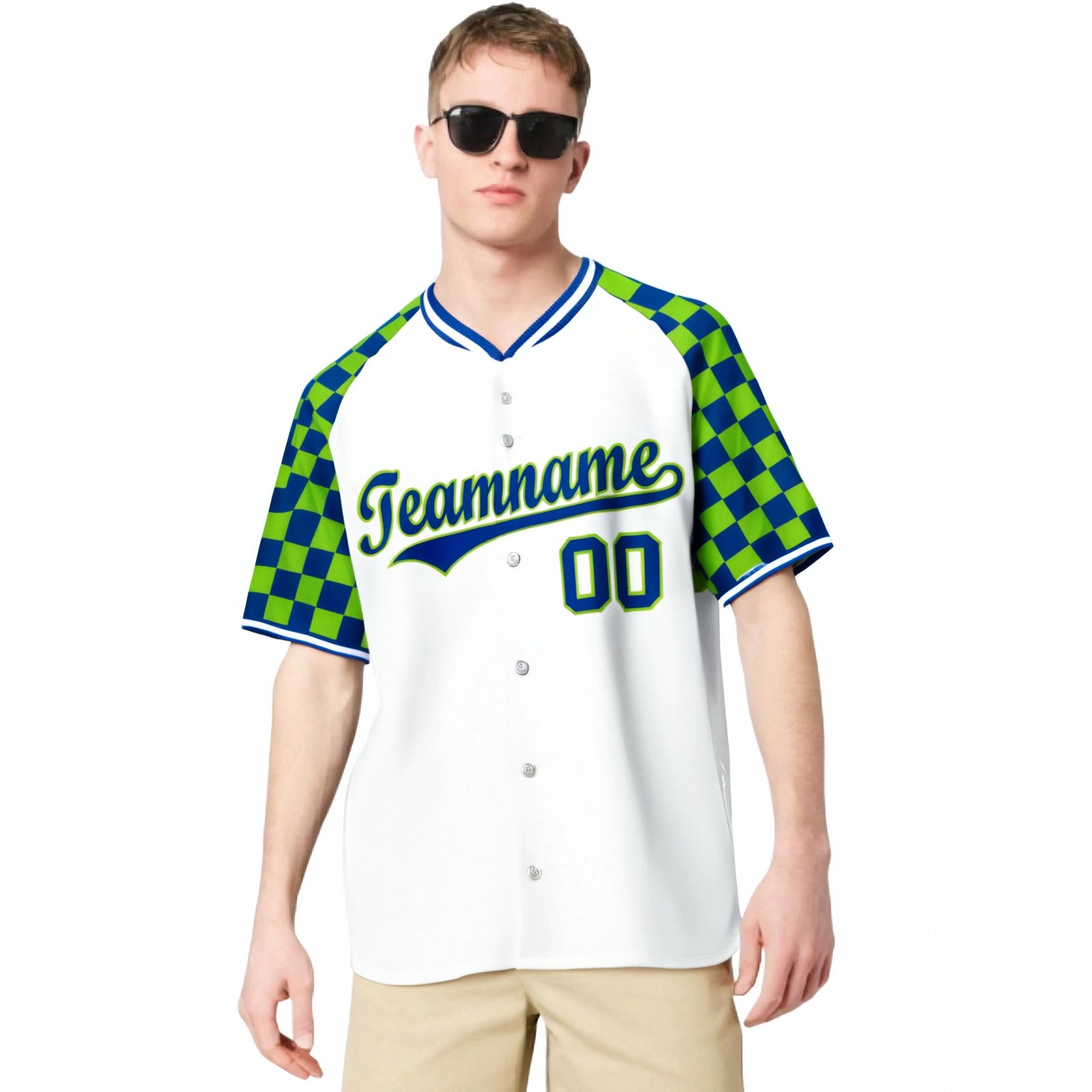 Custom White Neon Green-Royal Blue Authentic Plaid sleeve Baseball Jersey
