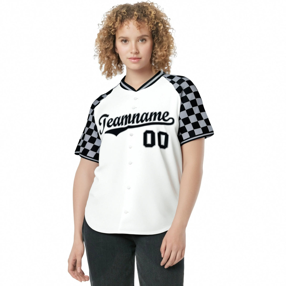 Custom White Gray-Black Authentic Plaid sleeve Baseball Jersey