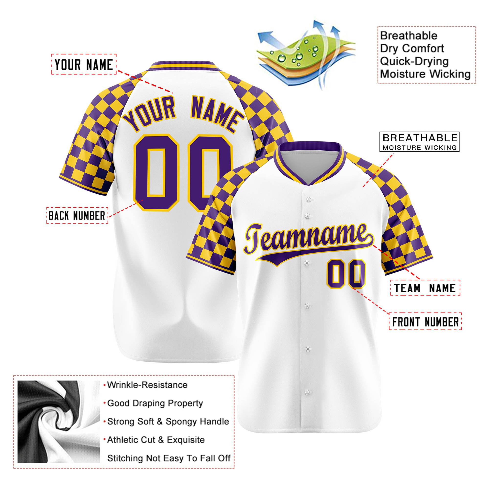 Custom White Gold-Purple Authentic Plaid Sleeve Baseball Jersey