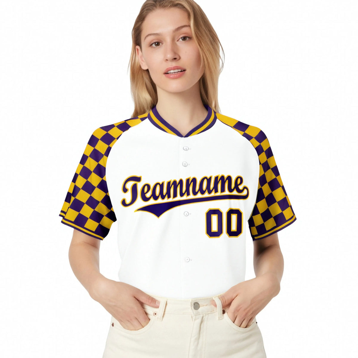 Custom White Gold-Purple Authentic Plaid Sleeve Baseball Jersey