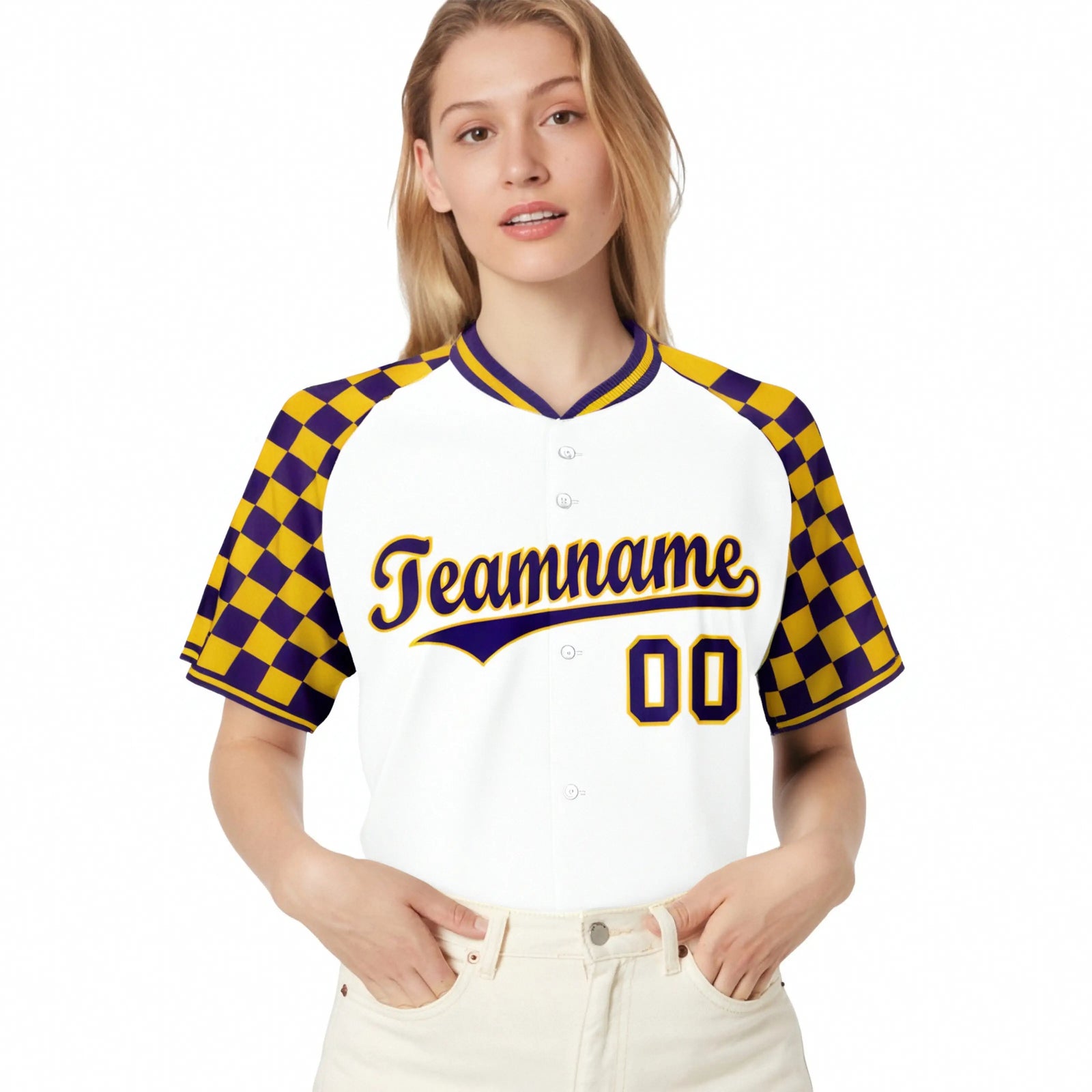Custom White Gold-Purple Authentic Plaid Sleeve Baseball Jersey