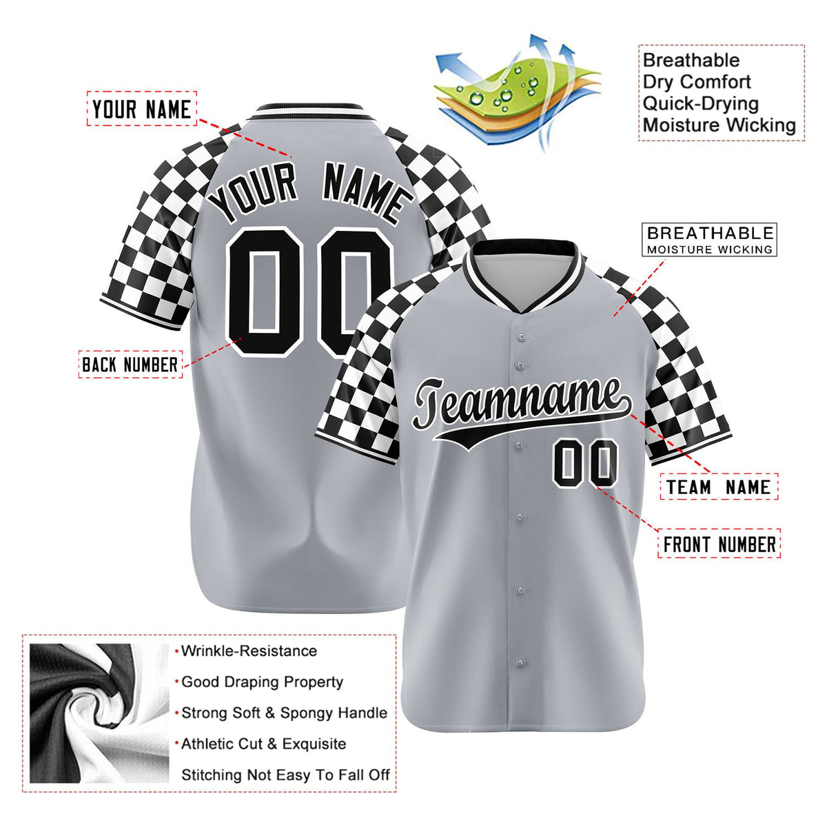 Custom Gray Black-White Authentic Plaid sleeve Baseball Jersey