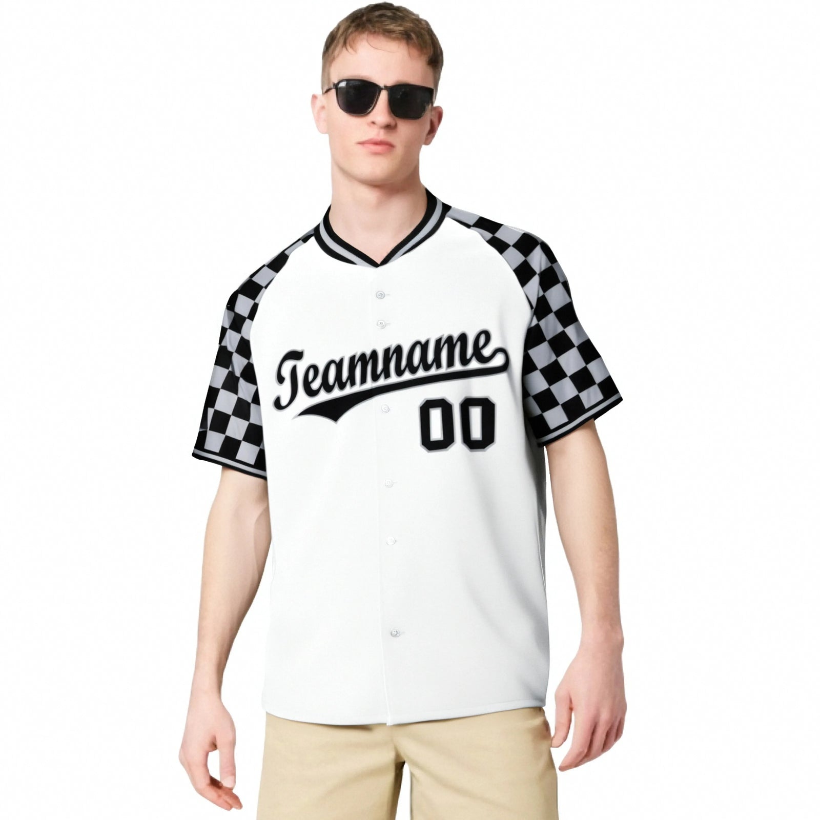 Custom Gray Black-White Authentic Plaid sleeve Baseball Jersey