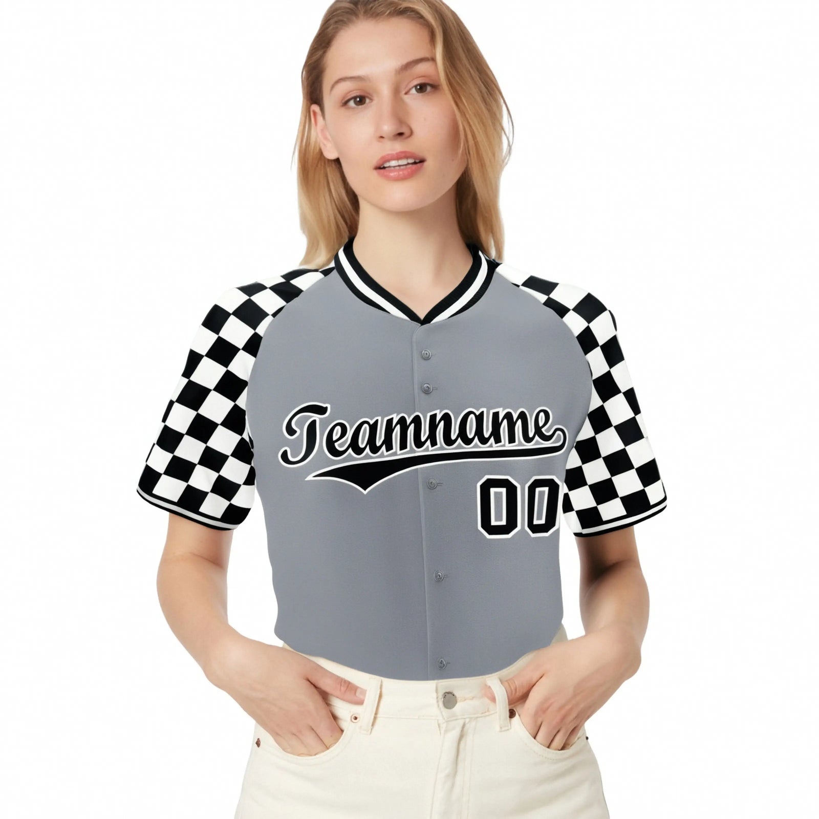 Custom Gray Black-White Authentic Plaid sleeve Baseball Jersey