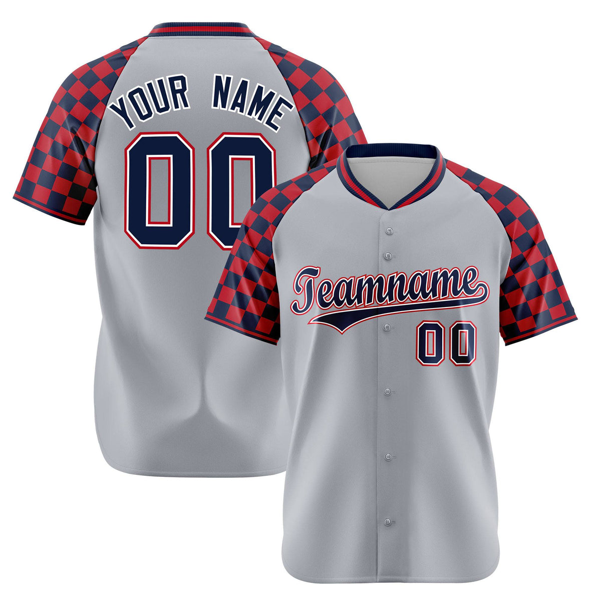 Custom Gray Navy-Red Authentic Plaid Sleeve Baseball Jersey
